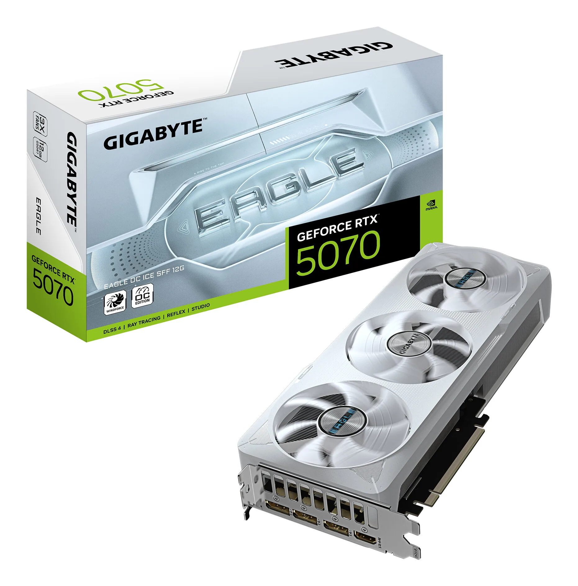 GIGABYTE GeForce RTX 5070 EAGLE OC ICE SFF 12G Grafikkarte - 12GB GDDR7, 192 Bit, PCI-E 5.0, 2587 MHz Core Clock, 3 x DP 2.1a, 1 x HDMI 2.1b, NVIDIA DLSS 4, GV-N5070EAGLEOC ICE-12GD – Bild 1