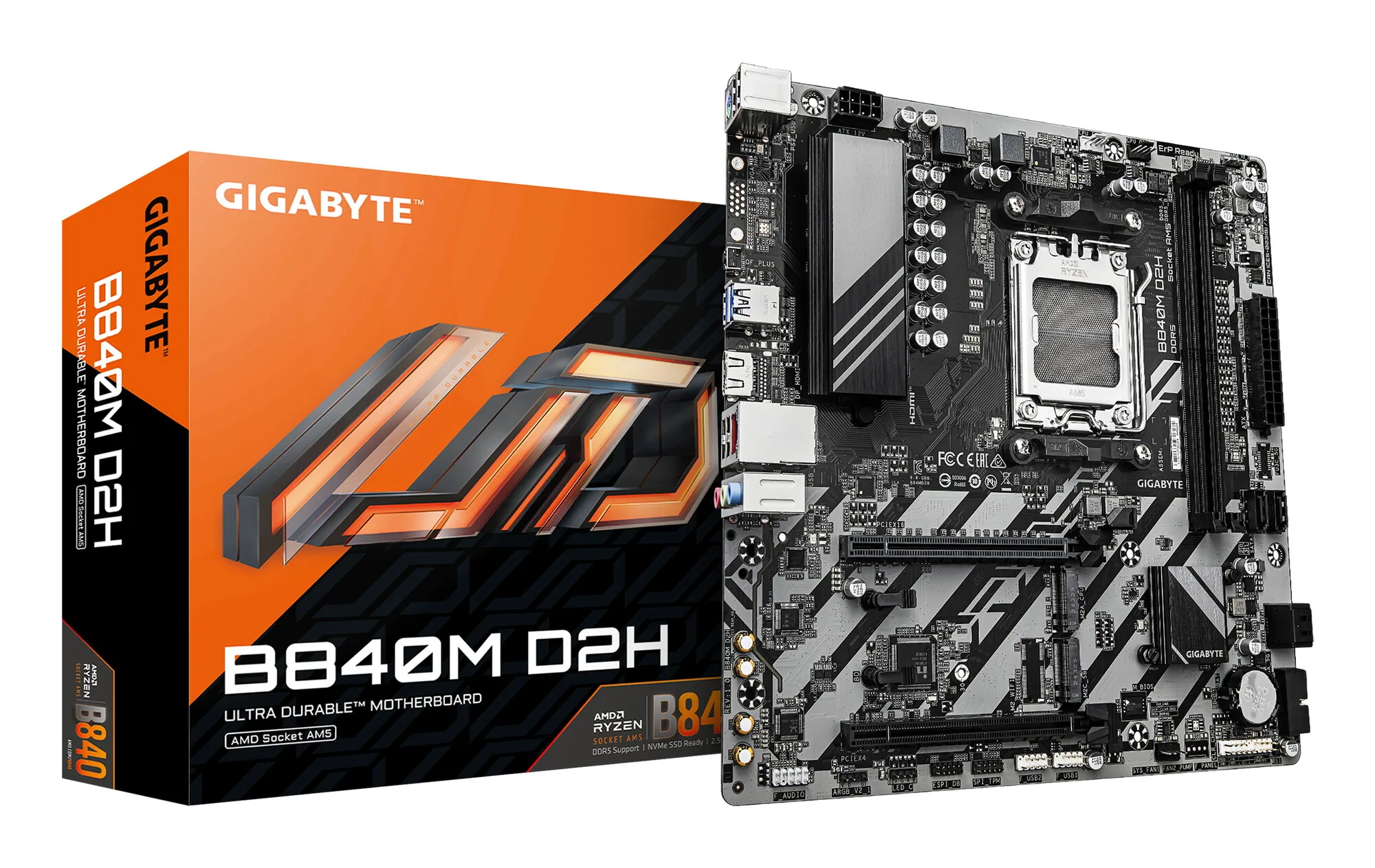 GIGABYTE B840M D2H Mainboard – AMD Ryzen 9000 CPUs, 5+2+2 Phasen VRM, bis zu 7600 MHz DDR5, 1xPCIe 4.0 + 1xPCIe 3.0 M.2, 2.5GbE LAN, USB 3.2 Gen 1 – Bild 1