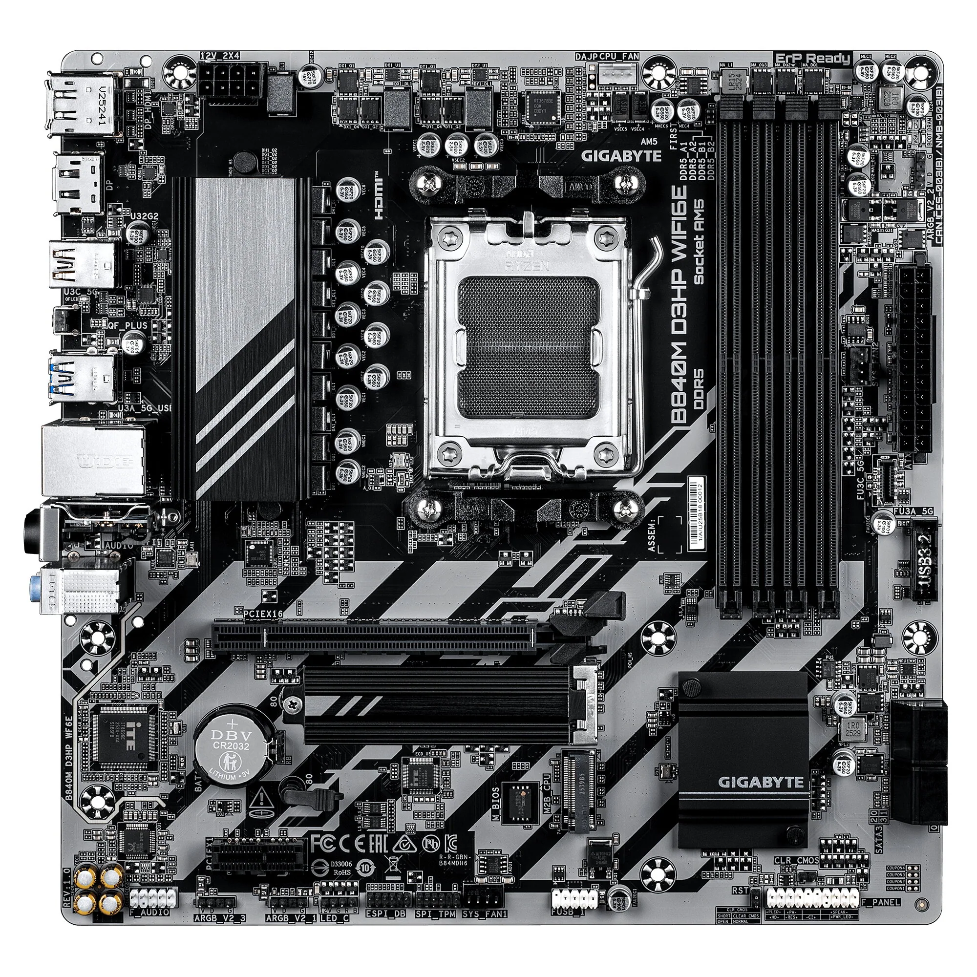 GIGABYTE B840M D3HP WIFI6E Mainboard – AMD Ryzen 9000 CPUs, 8+2+2-Phasen-VRM, bis zu 8200 MHz DDR5 (O.C.), 2× PCIe-4.0-M.2, Wi-Fi 6E, 1-GbE-LAN, USB 3.2 Gen 2 – Bild 2