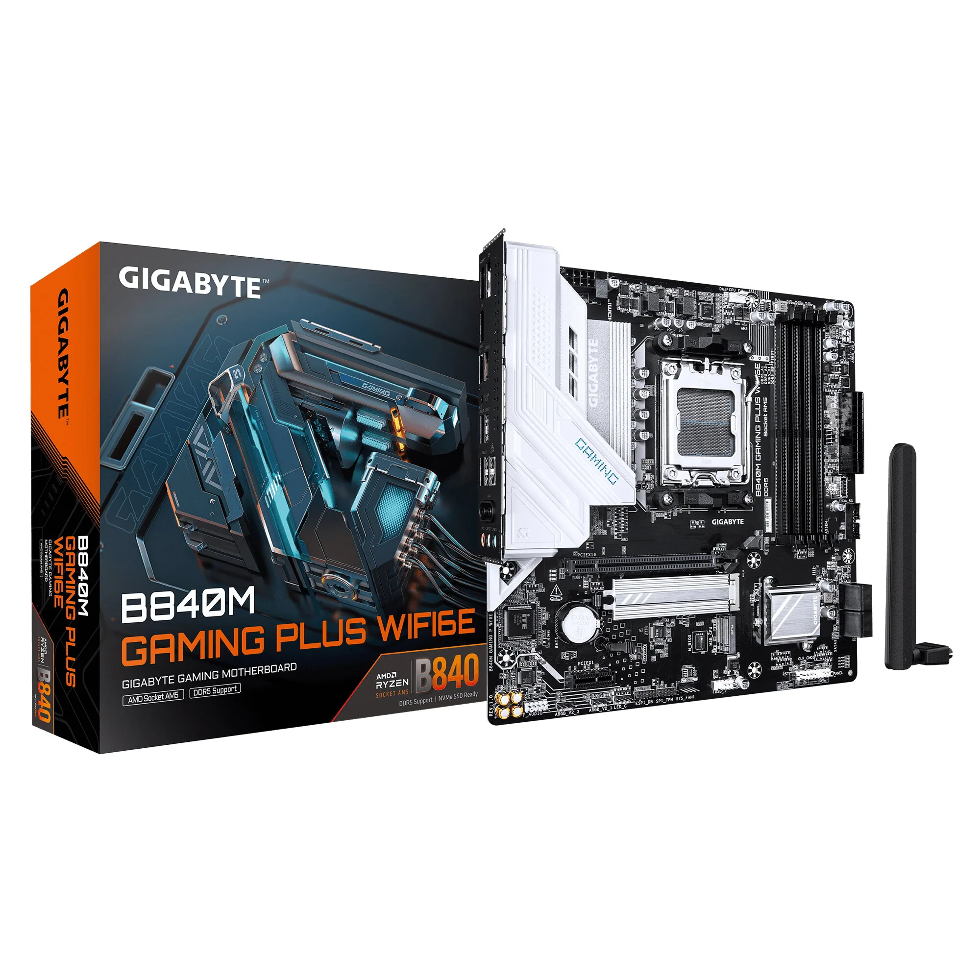 GIGABYTE B840M GAMING PLUS WIFI6E Mainboard – AMD Ryzen 9000 CPUs, 8+2+2-Phasen-VRM, bis zu 8200 MHz DDR5 (O.C.), 2× PCIe-4.0-M.2, Wi-Fi 6E, 1-GbE-LAN, USB 3.2 Gen 2 – Bild 1