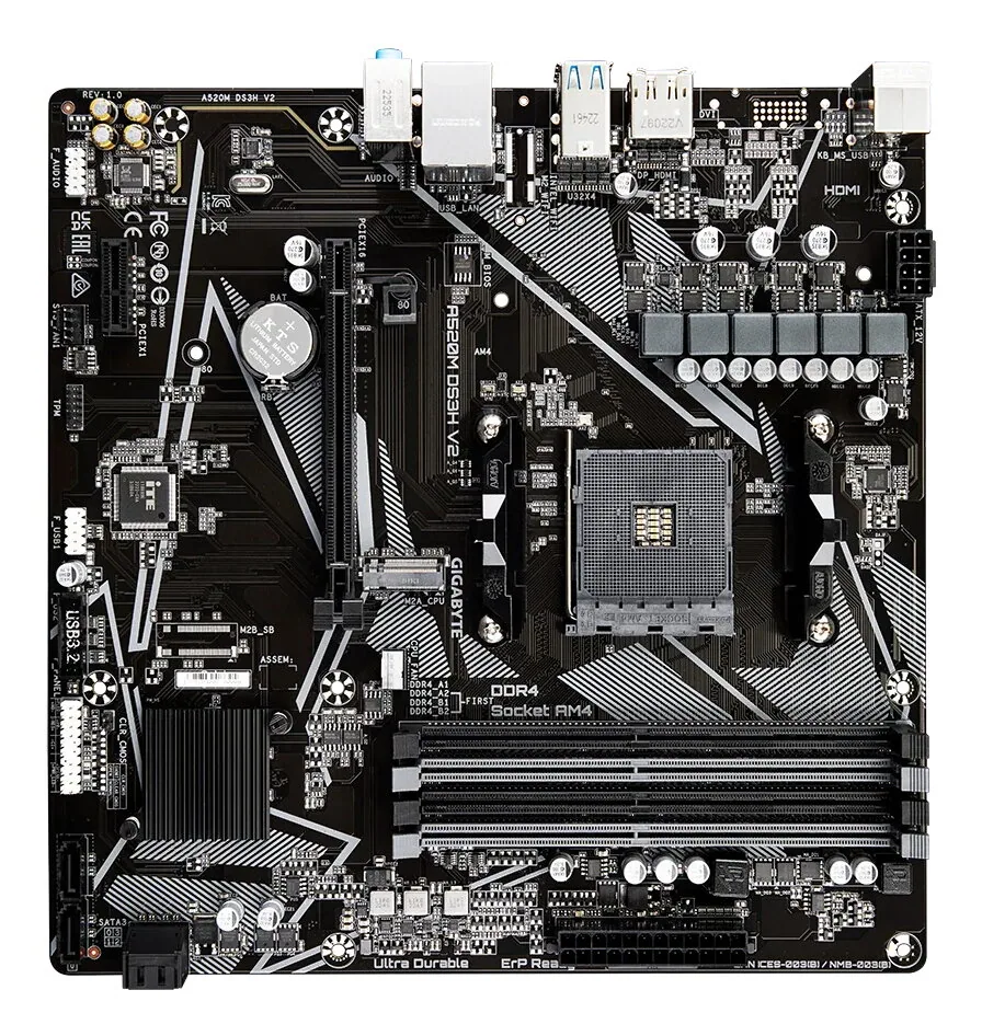 GIGABYTE A520M DS3H V2 Mainboard - Unterstützt AMD Ryzen 5000 Serie AM4 CPUs, bis zu 4733 MHz DDR4 (OC), PCIe 3.0 x16, GbE LAN, USB 3.2 Gen 1 – Bild 2