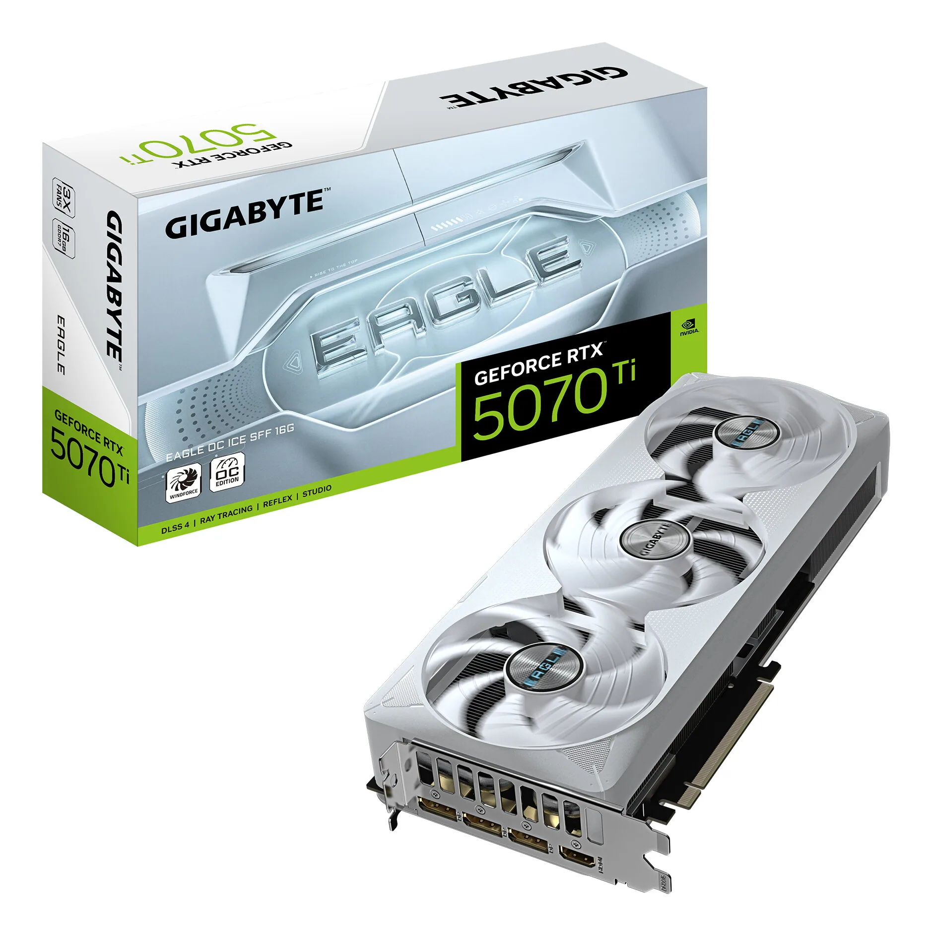 GIGABYTE GeForce RTX 5070 Ti EAGLE OC ICE SFF 16G Grafikkarte - 16GB GDDR7, 256 Bit, PCI-E 5.0, 2542 MHz Core Clock, 3 x DP 2.1a, 1 x HDMI 2.1b, NVIDIA DLSS 4, GV-N507TEAGLEOC ICE-16GD – Bild 1