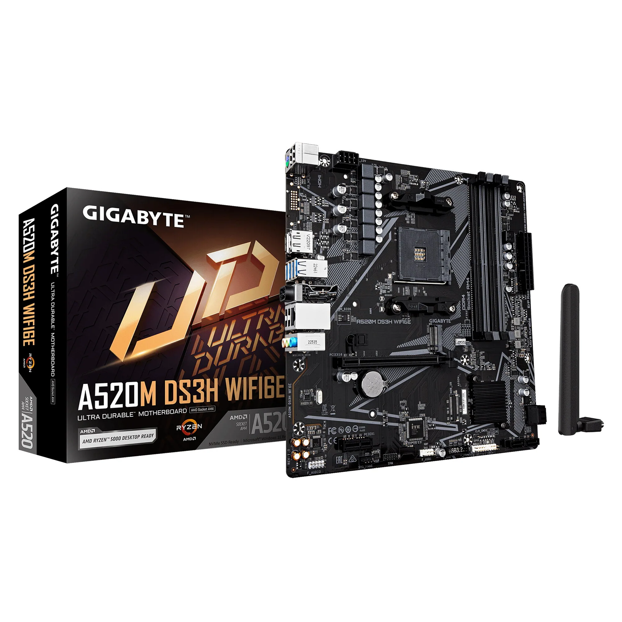 GIGABYTE A520M DS3H WIFI6E Mainboard – Unterstützt AMD Ryzen 5000 Series AM4 CPUs, bis zu 4733 MHz DDR4 (OC), 1× PCIe – Bild 1