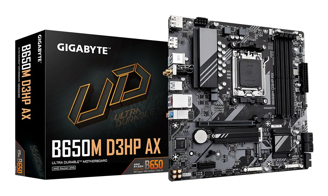 GIGABYTE B650M D3HP AX Mainboard - AMD Ryzen 9000er-Serie, 5+2+2 Phasen VRM, bis zu 8000 MHz DDR5 (OC), 2xPCIe 4.0 M.2, WIFI 6E, 2,5 GbE LAN, USB 3.2 Gen 1 – Bild 1