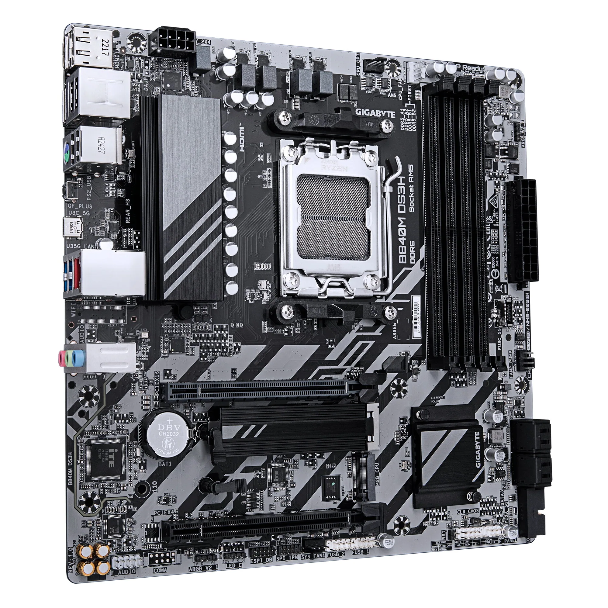 GIGABYTE B840M DS3H Mainboard – AMD Ryzen 9000 CPUs, 8+2+2 Phasen VRM, bis zu 8200 MHz DDR5, 2xPCIe 4.0 M.2, 2.5GbE LAN, USB 3.2 Gen 1 – Bild 3