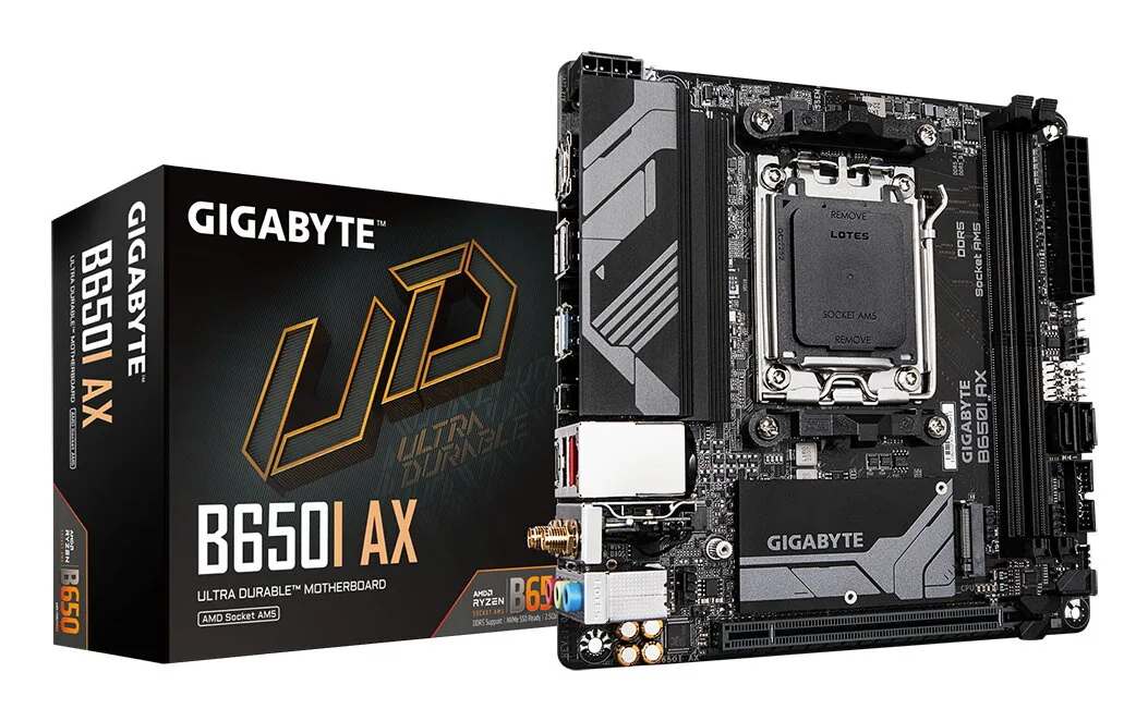 GIGABYTE B650I AX Mainboard - AMD Ryzen 9000er-Serie, 5+2+1 Phasen VRM, bis zu 6400 MHz DDR5 (OC), 1xPCIe 4.0 M.2, 2,5 GbE LAN, WIFI 6E, USB 3.2 Gen 2 – Bild 1