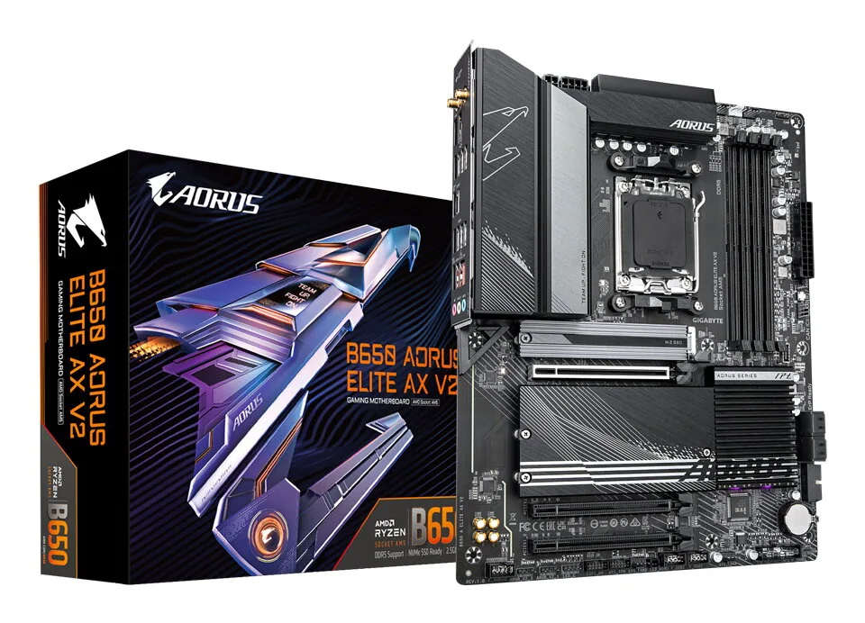 GIGABYTE B650 AORUS ELITE AX V2 Mainboard - AMD Ryzen 9000er-Serie, 12+2+2 Phasen VRM, bis zu 8000 MHz DDR5 (OC), 1xPCIe 5.0 + 2xPCIe 4.0 M.2, 2,5 GbE LAN, WIFI 6E, USB 3.2 Gen 2 – Bild 1