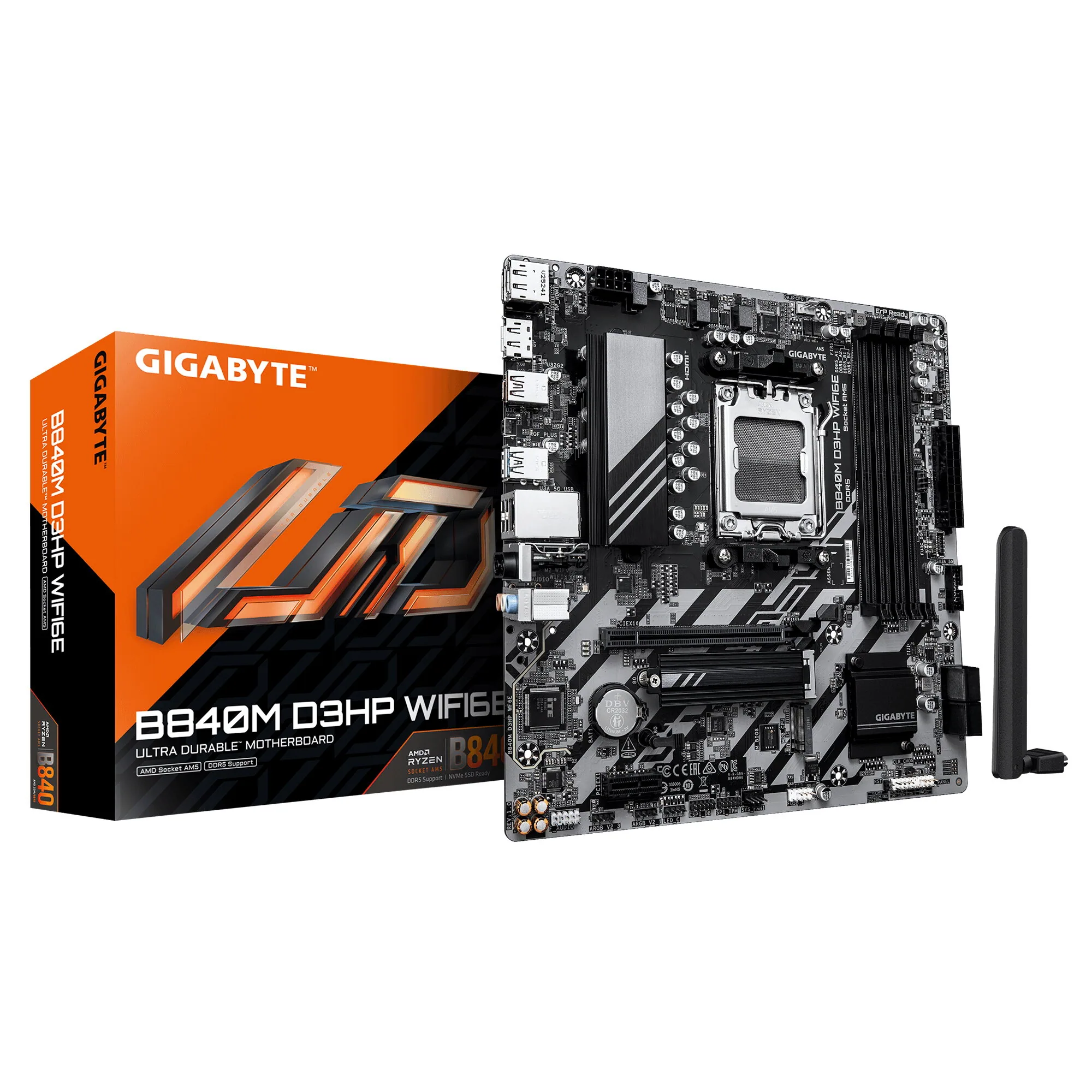 GIGABYTE B840M D3HP WIFI6E Mainboard – AMD Ryzen 9000 CPUs, 8+2+2-Phasen-VRM, bis zu 8200 MHz DDR5 (O.C.), 2× PCIe-4.0-M.2, Wi-Fi 6E, 1-GbE-LAN, USB 3.2 Gen 2 – Bild 1
