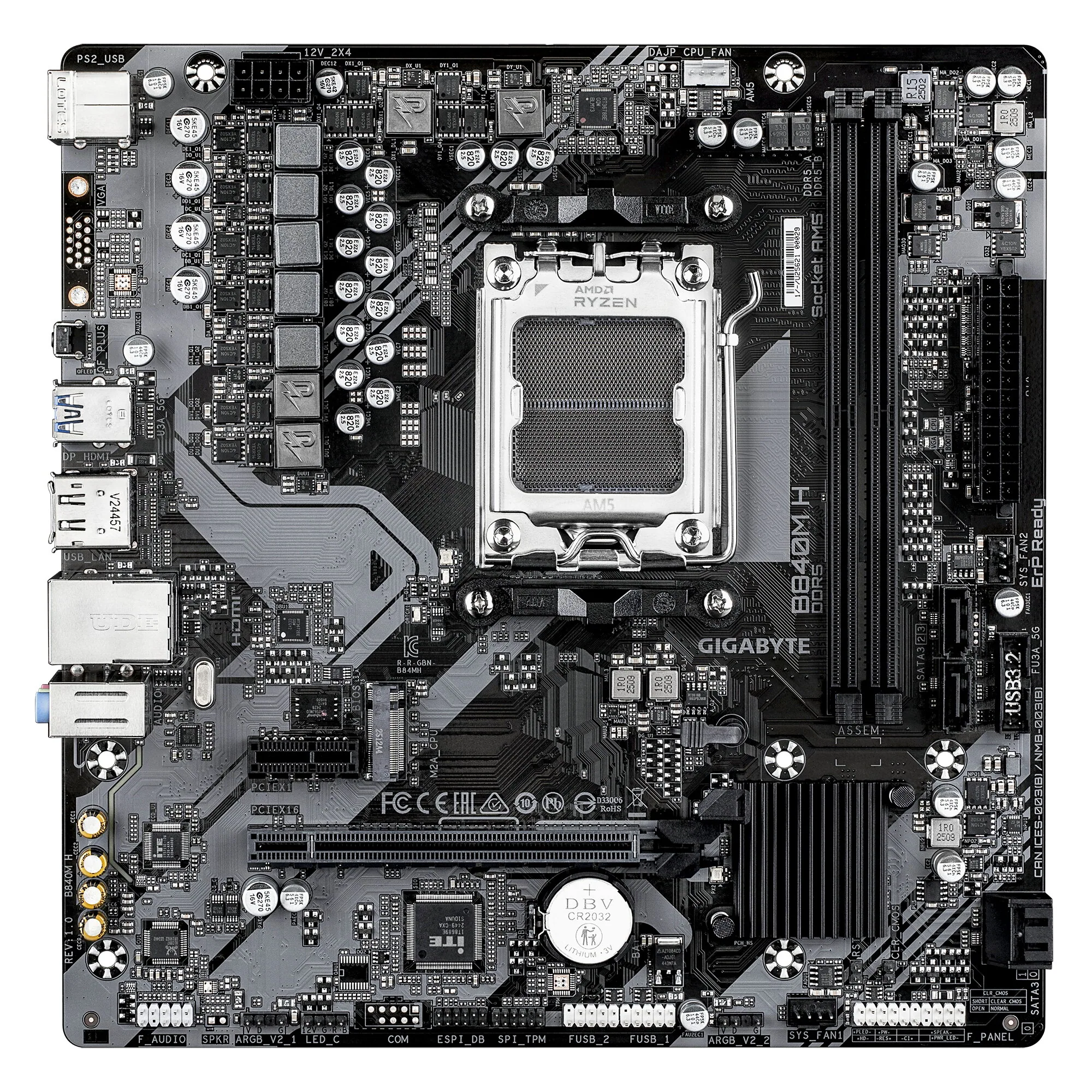 GIGABYTE B840M H Mainboard - AMD Ryzen 9000 CPUs, 5+2+2 Phasen VRM, bis zu 7200MHz DDR5 (O.C), 1xPCIe 4.0 M.2, 1GbE LAN, USB 3.2 Gen 1 – Bild 2