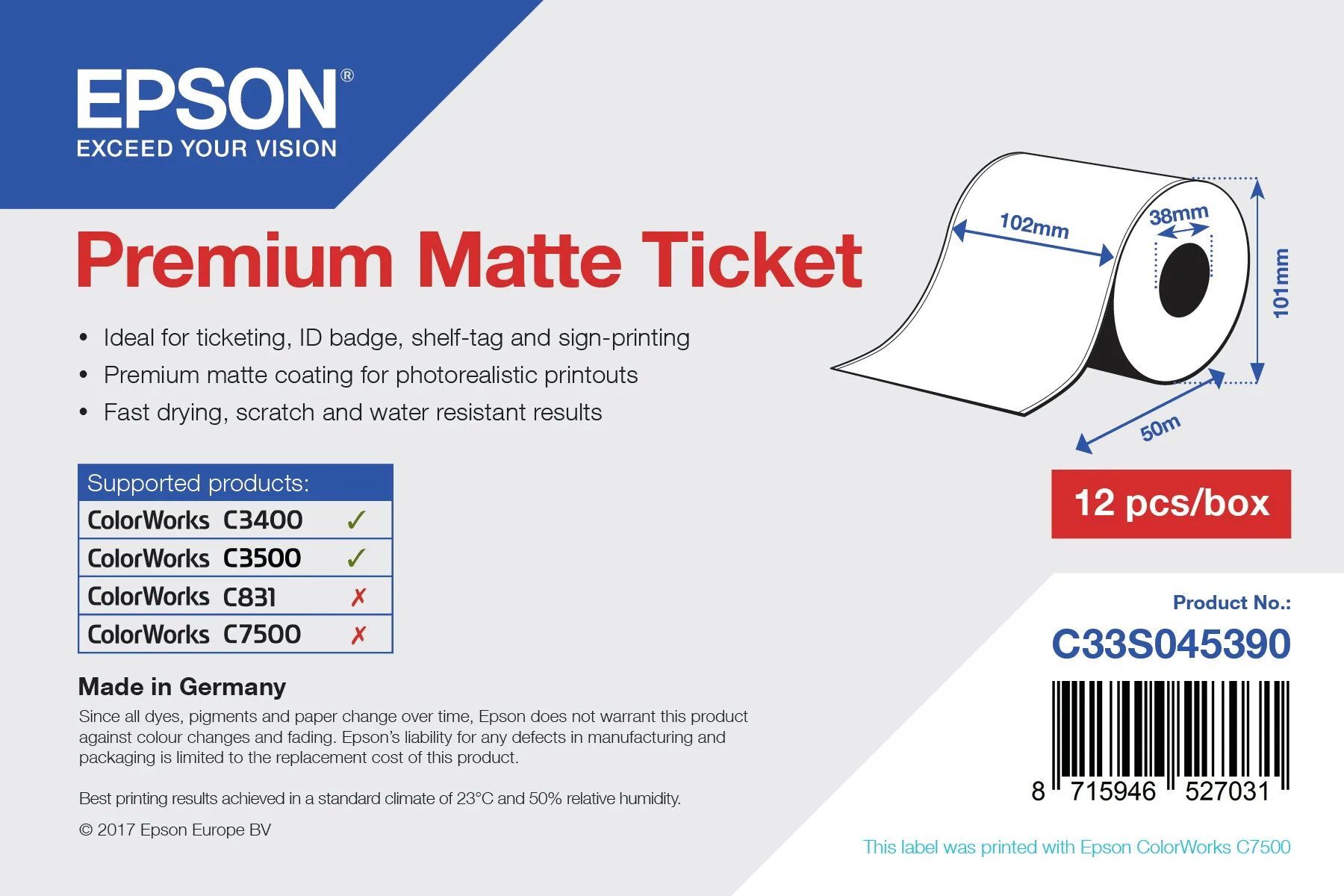 Epson Premium Matte Ticket Roll, 102 mm x 50 m – Bild 1