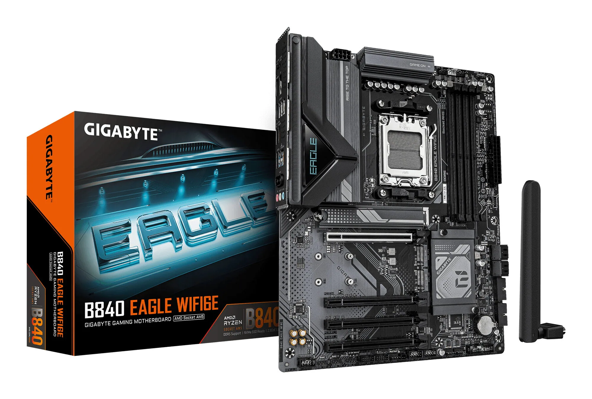 GIGABYTE B840 EAGLE WIFI6E Mainboard - AMD Ryzen 9000 Prozessoren, 8+2+2 Phasen VRM, bis zu 8200MHz DDR5(O.C), 2xPCIe 4.0 + 1xPCIe 3.0 M.2, Wi-Fi 6E, 2.5GbE LAN, USB 3.2 Gen 2 – Bild 1