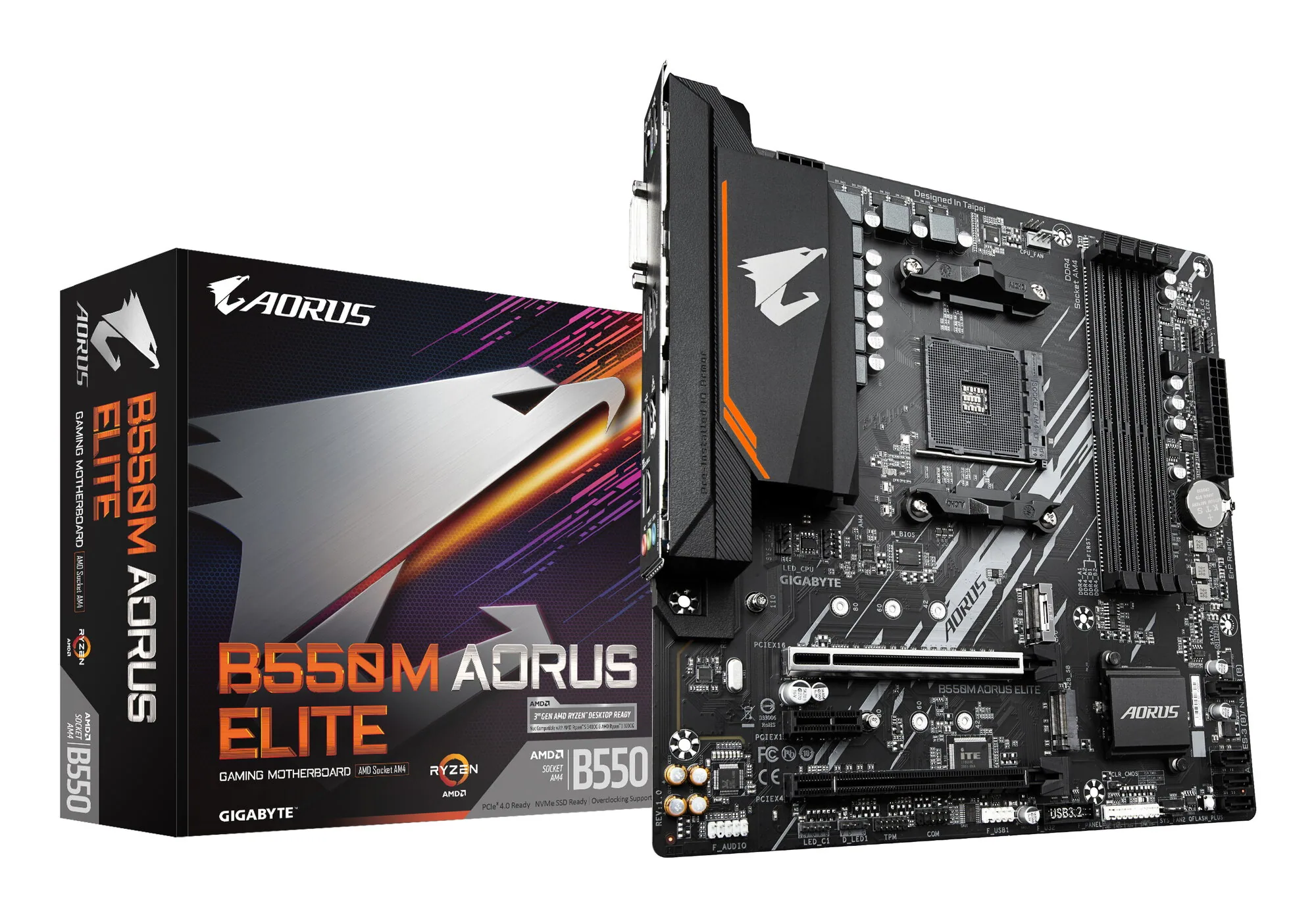 GIGABYTE B550M AORUS ELITE Mainboard – AMD Ryzen 5000 CPUs, 5+3 Phasen VRM, bis zu 4733 MHz DDR4, 1xPCIe 4.0 + 1xPCIe 3.0 M.2, 1GbE LAN, USB 3.2 Gen 1 – Bild 1