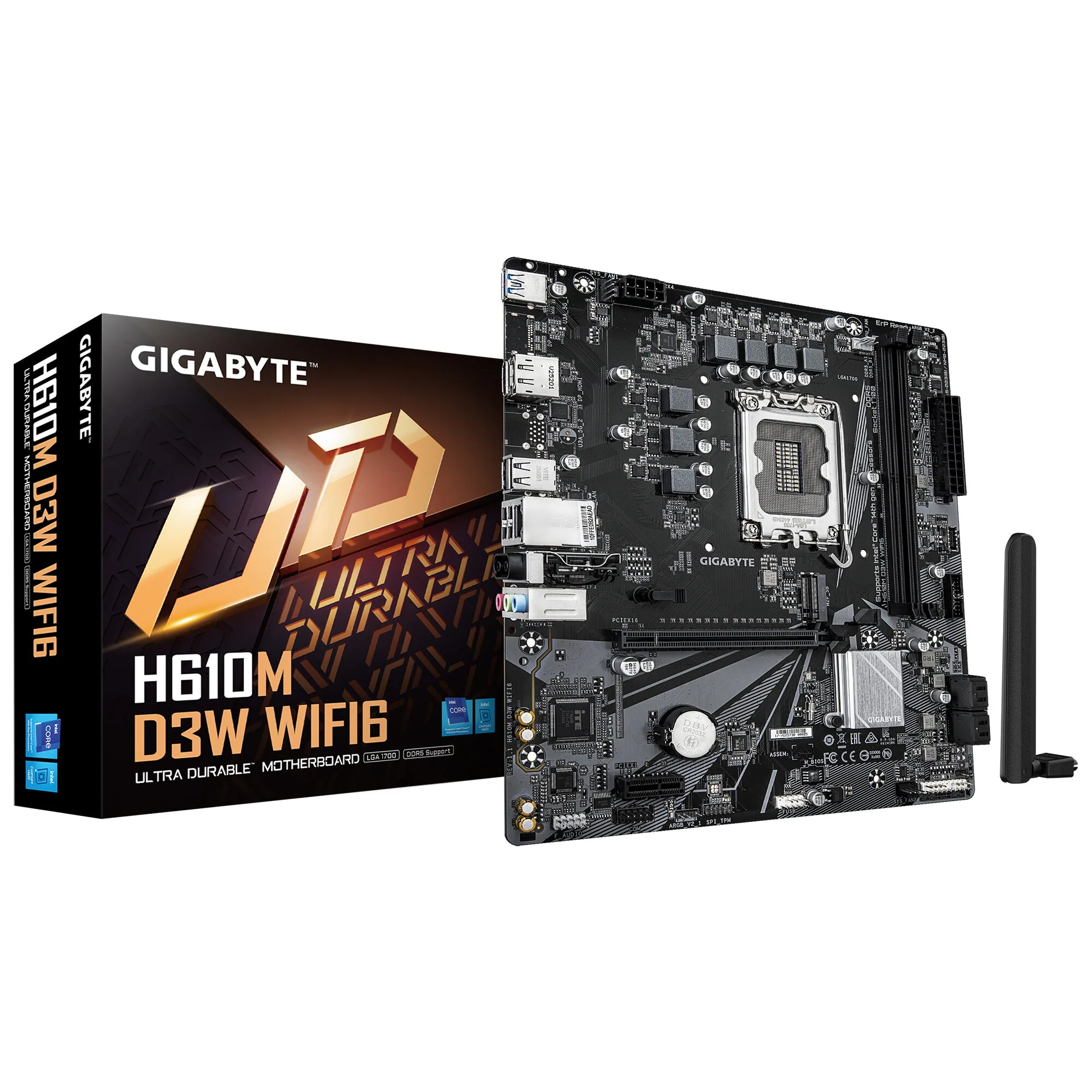 GIGABYTE H610M D3W WIFI6 Mainboard - Unterstützt Intel Core Prozessoren der 14. Generation, 5+1+1 Phasen VRM, bis zu 5600MHz DDR4, 1xPCIe 3.0 M.2, Wi-Fi 6, 1GbE LAN, USB 3.2 Gen 1 – Bild 1