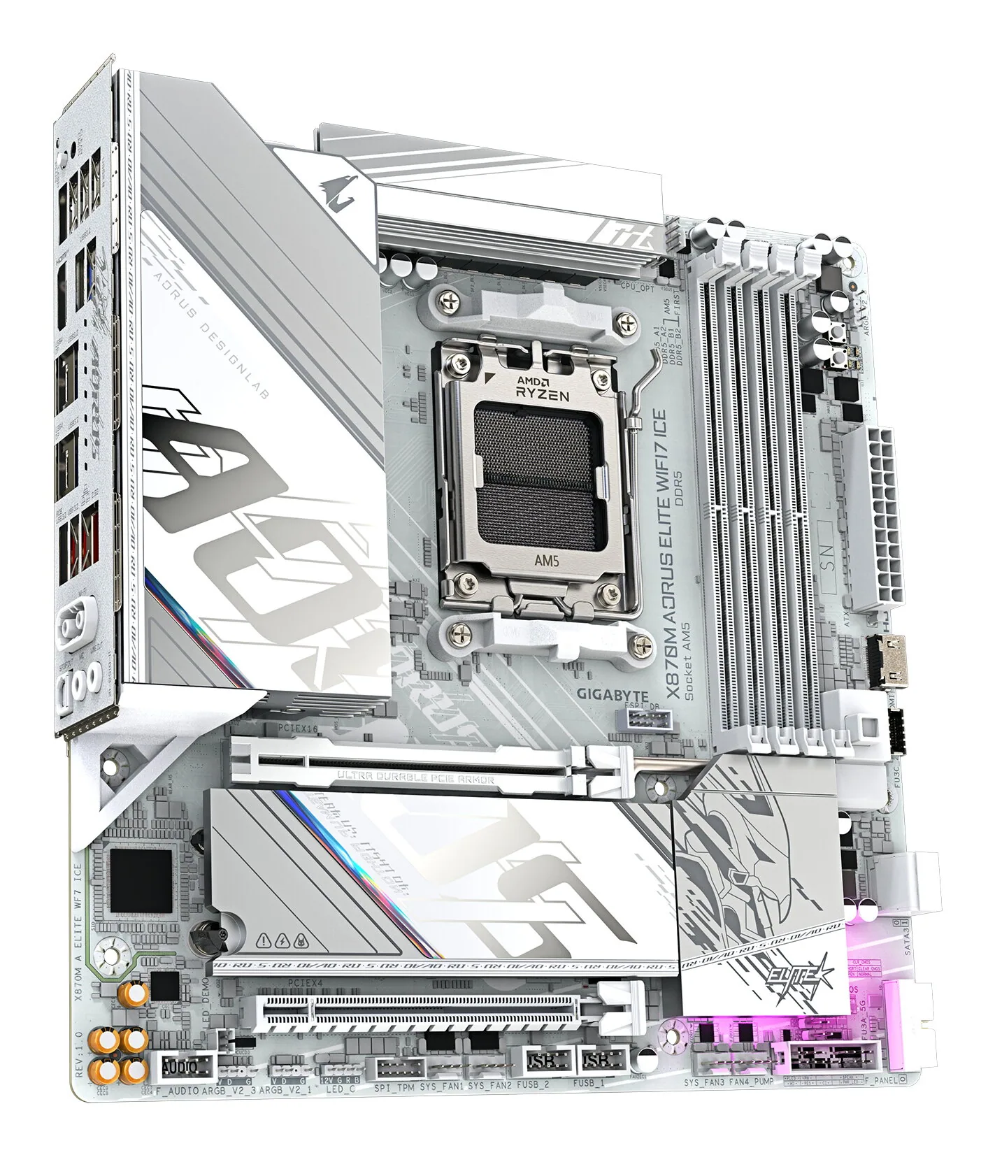 GIGABYTE X870M AORUS ELITE WIFI7 ICE Mainboard – Unterstützt AMD Ryzen 9000 CPUs, digitales 14+2+2-Phasen-VRM, bis zu 8200 Hz DDR5 (O.C), 1× PCIe 5.0 + 1× PCIe 4.0, Wi-Fi 7, 2.5-GbE-LAN, USB 4 – Bild 4