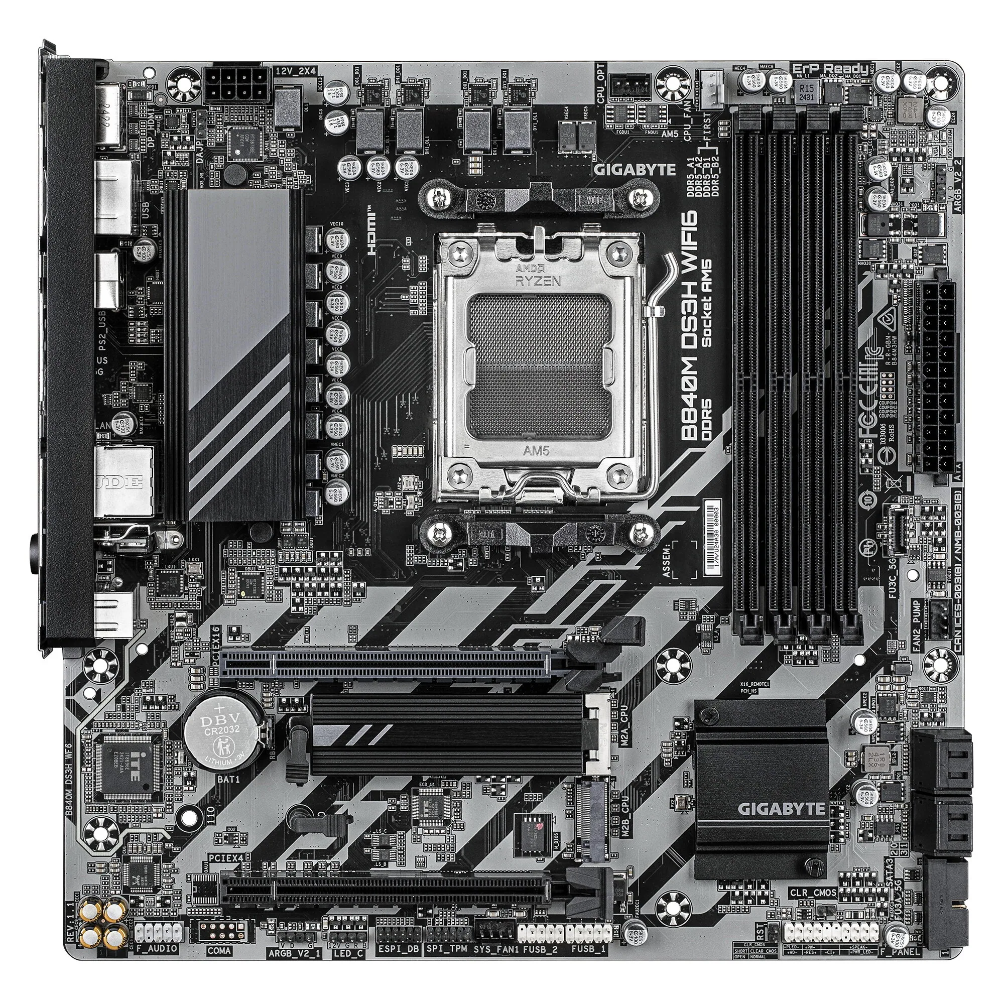 GIGABYTE B840M DS3H WIFI6 Mainboard – AMD Ryzen 9000 Prozessoren, 8+2+2 Phasen VRM, bis zu 8200 MHz DDR5, 2 x PCIe 4.0 M.2, Wi-Fi 6, 2,5 GbE LAN, USB 3.2 Gen 1 – Bild 2