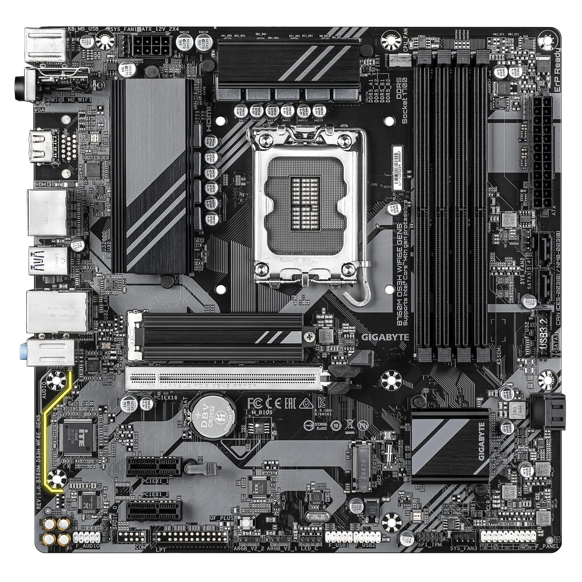 GIGABYTE B760M DS3H WIFI6E GEN5 Mainboard – Unterstützt Intel Core Prozessoren der 14. Generation, 6+2+1 Phasen Digital-VRM, bis zu 5600 MHz DDR5, 2 x PCIe 4.0 M.2, Wi-Fi 6E, 2.5 GbE LAN, USB 3.2 Gen2 – Bild 2