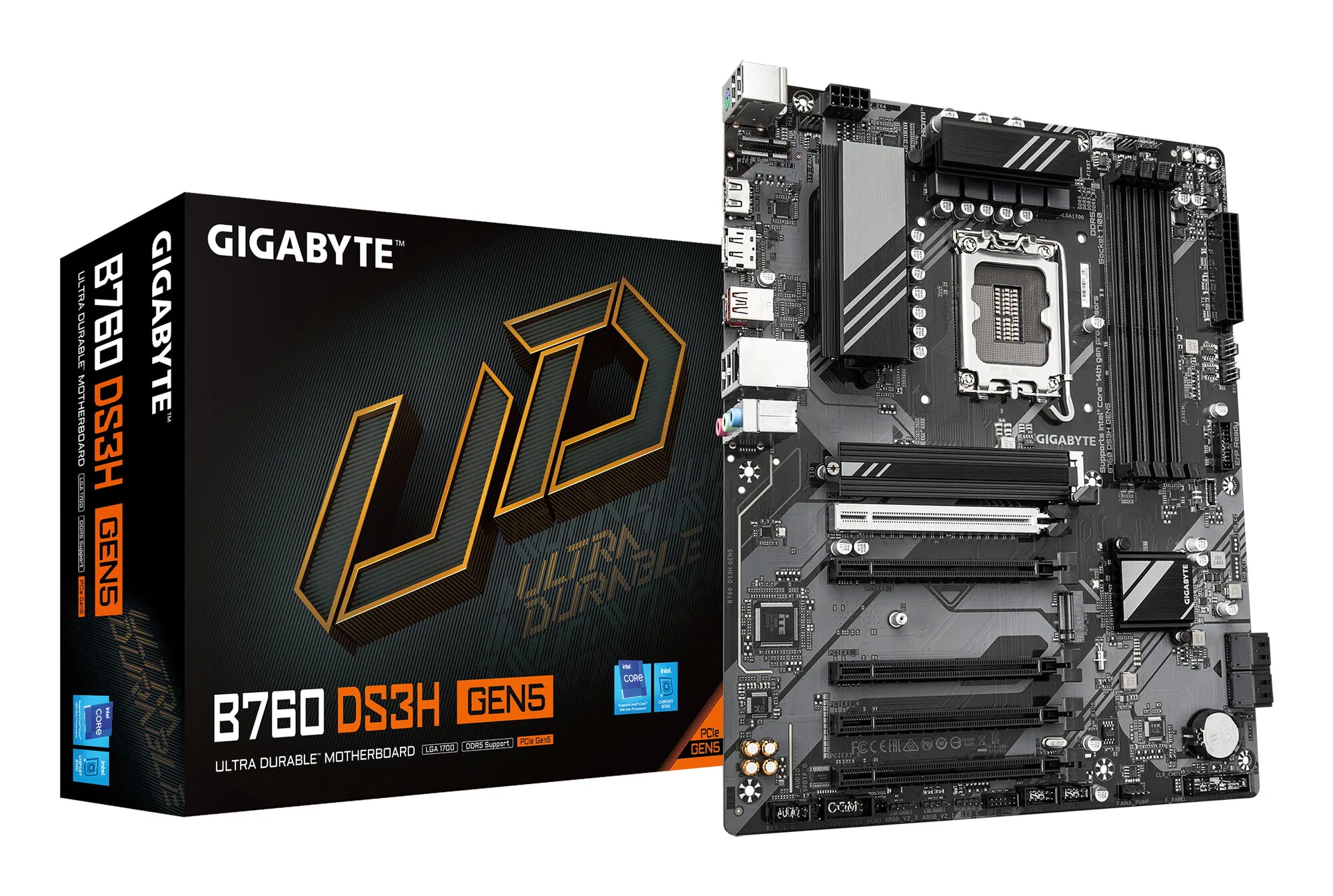 GIGABYTE B760 DS3H GEN5 Mainboard – Unterstützt Intel Core Prozessoren der 14. Generation, 8+2+1 Phasen Digital-VRM, bis zu 5600 MHz DDR5, 2 x PCIe 4.0 M.2, 1 GbE LAN, USB 3.2 Gen 2x2 – Bild 1