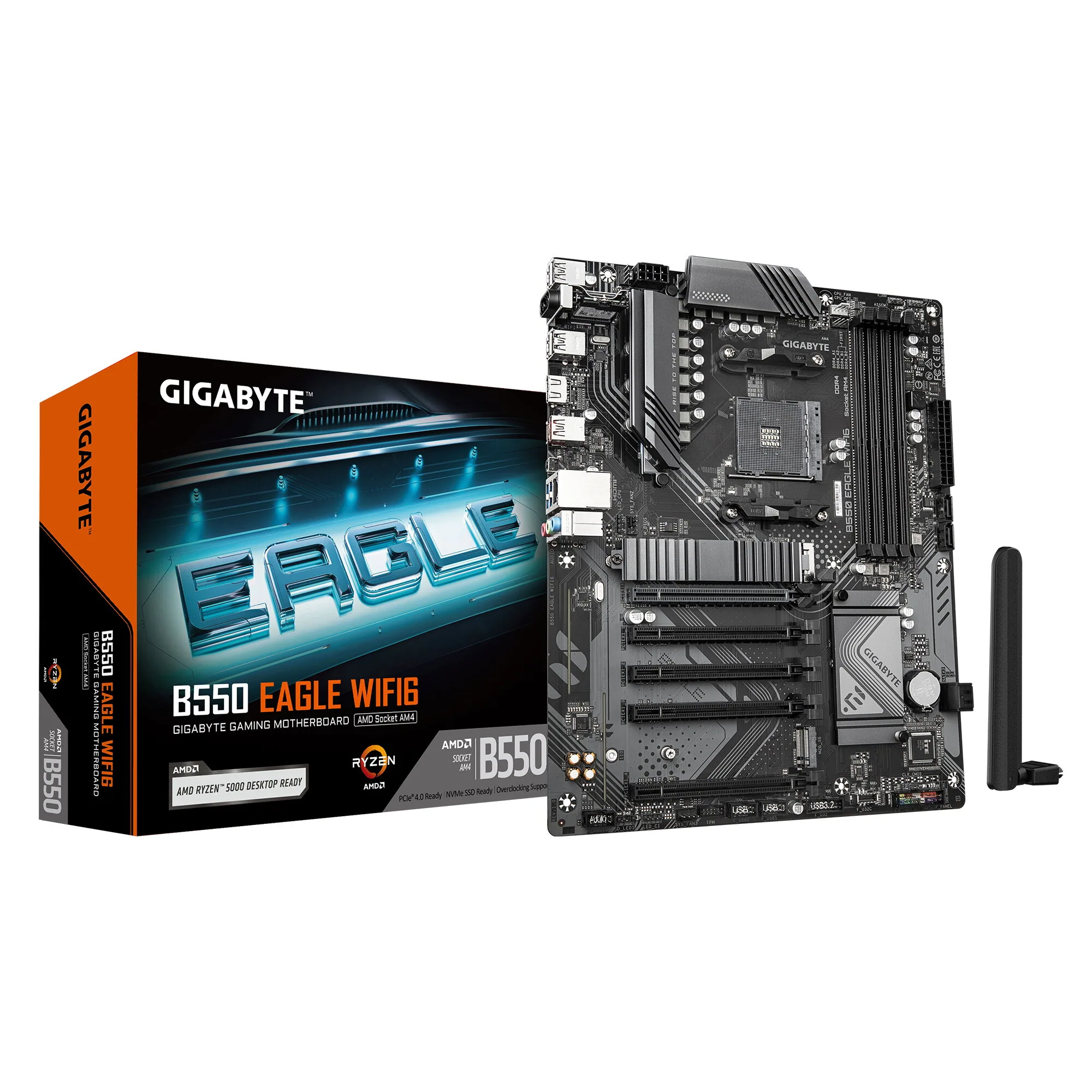 GIGABYTE B550 EAGLE WIFI6 Mainboard – AMD Ryzen 5000 G-Serie CPUs, 10+3+1 Phasen VRM, bis zu 3200 MHz DDR4, 1xPCIe 4.0 + 1xPCIe 3.0 M.2, 1GbE LAN, WIFI 6, USB 3.2 Gen 2 – Bild 1