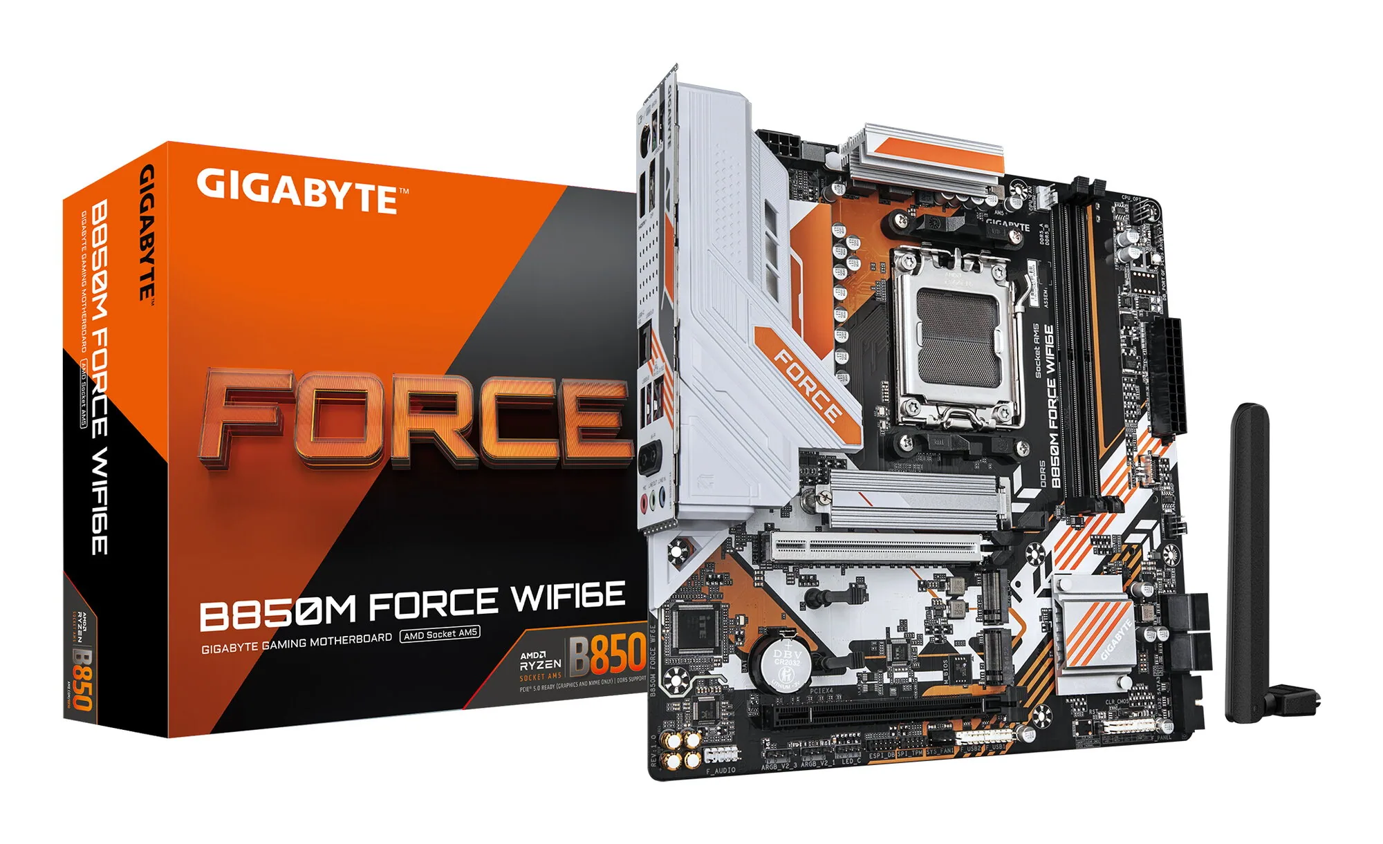 GIGABYTE B850M FORCE WIFI6E Mainboard – Unterstützt AMD Ryzen 9000 Serie Prozessoren, 8+2+2 Phasen Digital-VRM, bis zu 9600 MHz DDR5 (OC), 1 x PCIe 5.0 M.2 + 2 x PCIe 4.0 M.2, Wi-Fi 6E, 2.5 GbE LAN, USB 3.2 Gen 2 – Bild 1