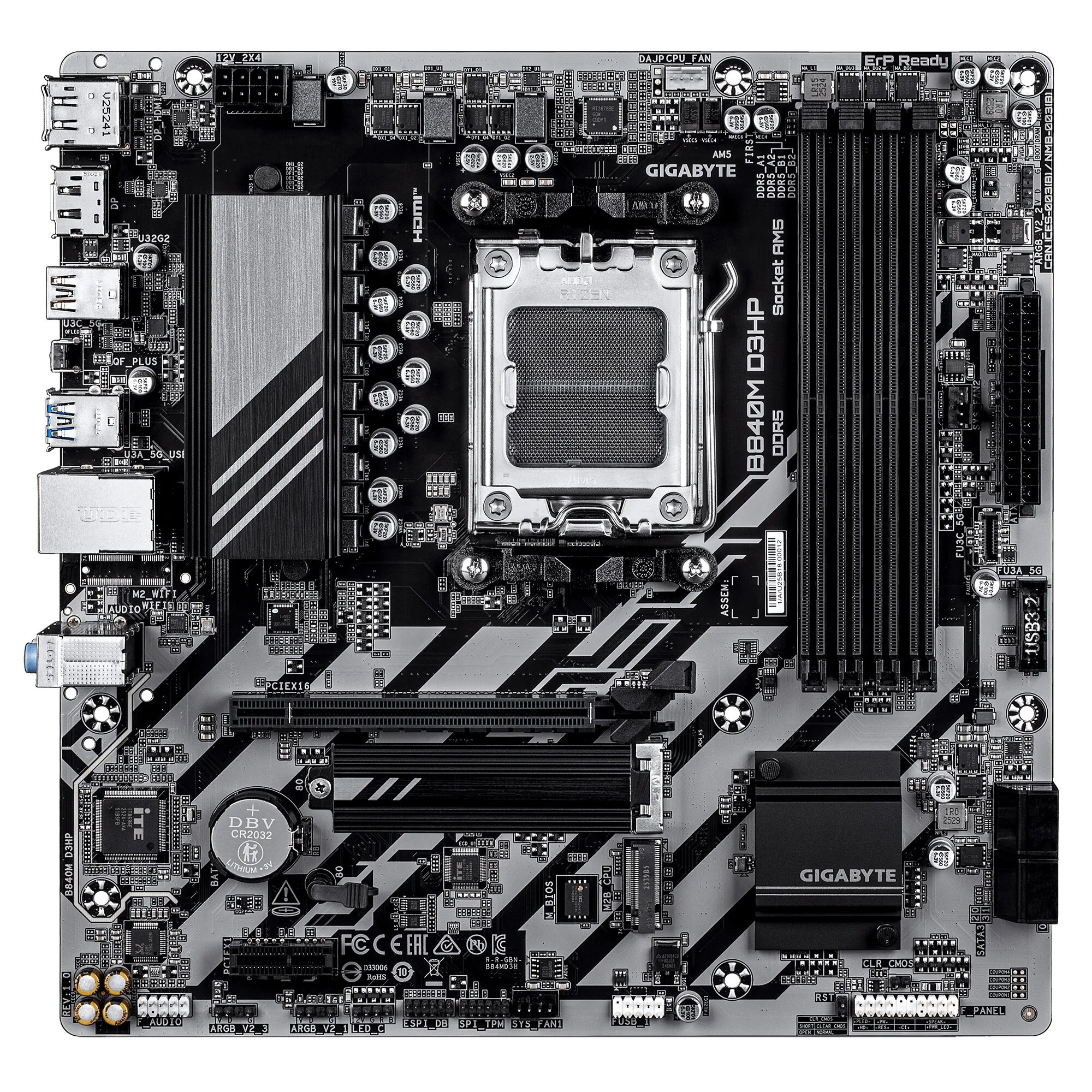 GIGABYTE B840M D3HP Mainboard – AMD Ryzen 9000 CPUs, 8+2+2-Phasen-VRM, bis zu 8200 MHz DDR5 (O.C.), 2× PCIe-4.0-M.2, 1-GbE-LAN, USB 3.2 Gen 2 – Bild 2