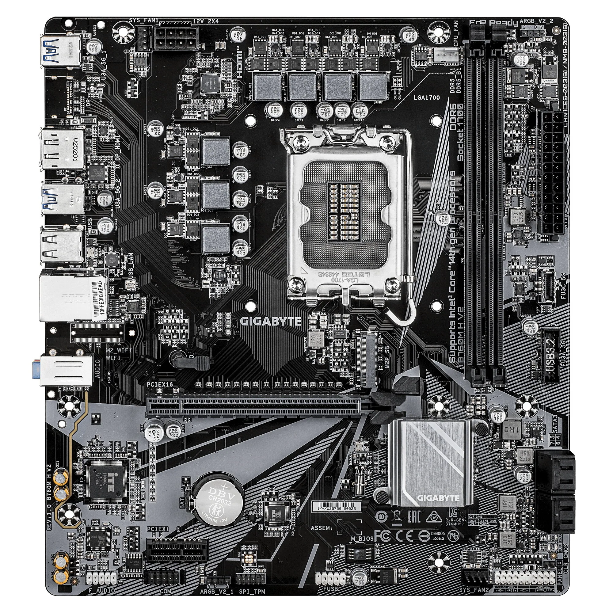 GIGABYTE B760M H V2 Mainboard - Unterstützt Intel Core Prozessoren der 14. Generation, digitales 5+1+1-Phasen-VRM, bis zu 8000MHz DDR5 (O.C.), 1xPCIe 4.0 M.2, 1GbE LAN, USB 3.2 Gen1 – Bild 2