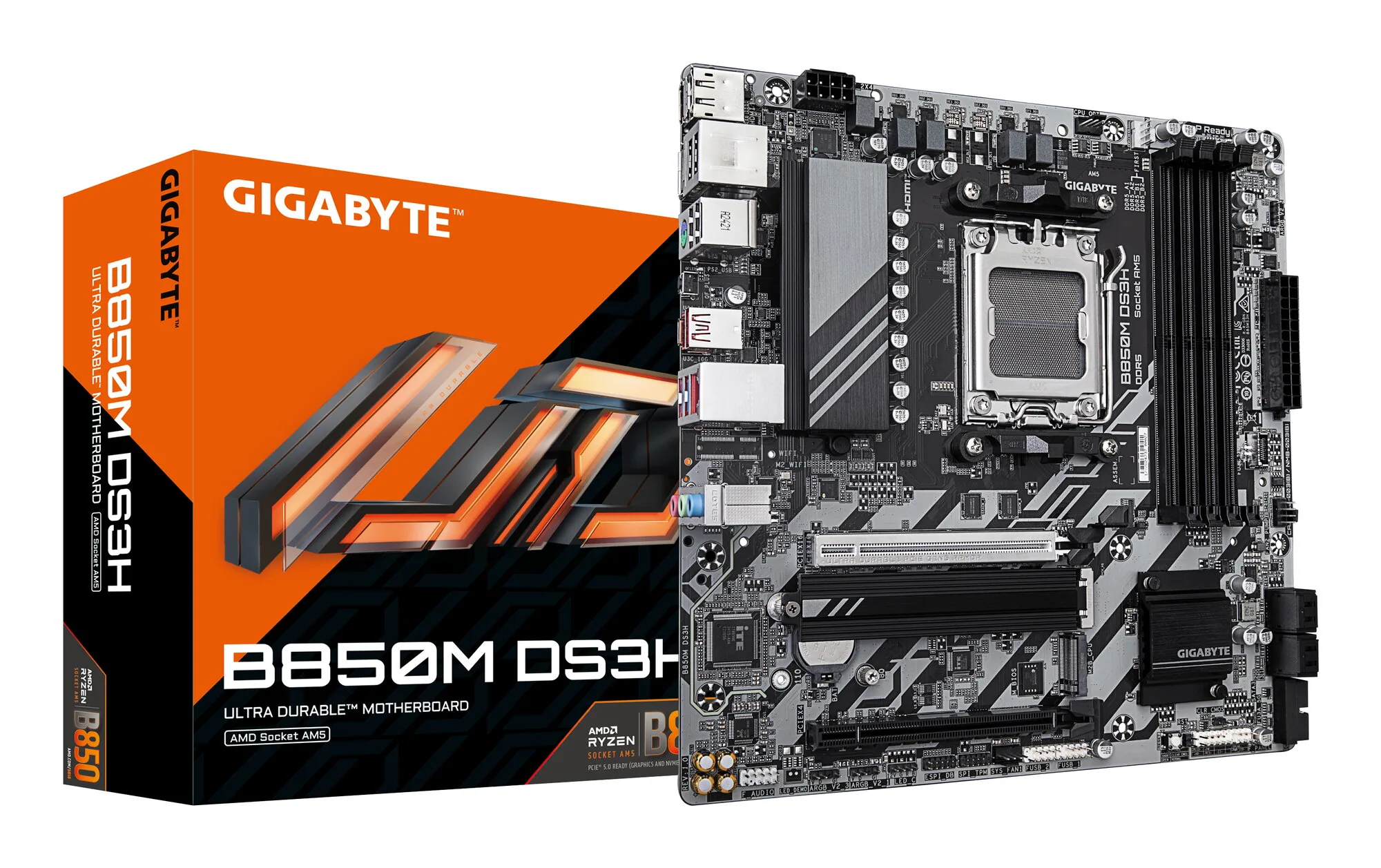 GIGABYTE B850M DS3H Motherboard - AMD Ryzen 9000 Series CPUs, 16+2+2 Phasen Digital VRM, bis zu 8200MHz DDR5 (OC), 1xPCIe 5.0 + 1xPCIe 4.0 M.2, 2.5 LAN, USB 3.2 Gen 2 – Bild 1