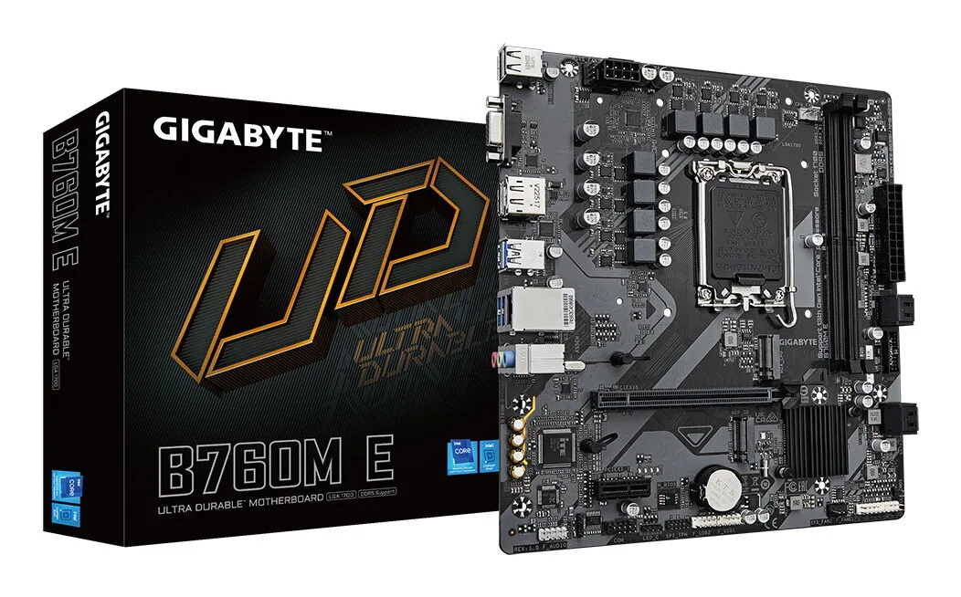 GIGABYTE B760M E Mainboard – Unterstützt Intel Core Prozessoren der 14. Generation, 6+1+1 Phasen VRM, bis zu 7200 MHz DDR5 (OC), 2xPCIe 4.0 M.2, 1 GbE LAN, USB 3.2 Gen 1 – Bild 1