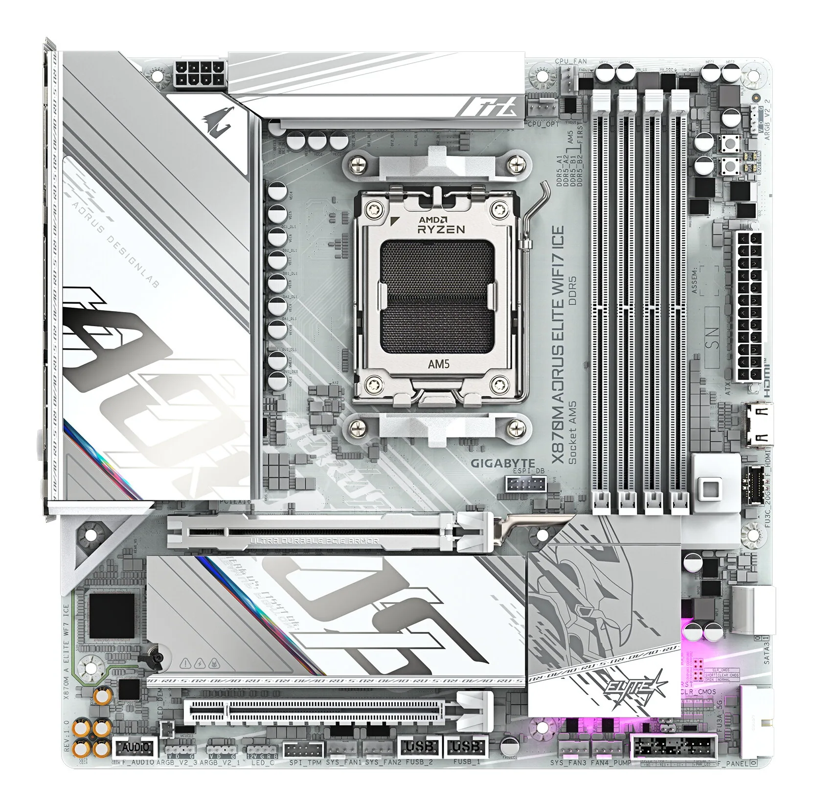 GIGABYTE X870M AORUS ELITE WIFI7 ICE Mainboard – Unterstützt AMD Ryzen 9000 CPUs, digitales 14+2+2-Phasen-VRM, bis zu 8200 Hz DDR5 (O.C), 1× PCIe 5.0 + 1× PCIe 4.0, Wi-Fi 7, 2.5-GbE-LAN, USB 4 – Bild 2