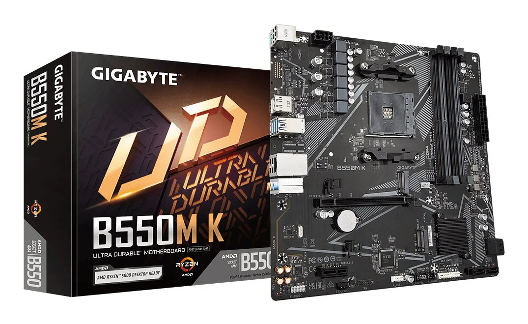 GIGABYTE B550M K Mainboard – AMD Ryzen 5000 CPUs, bis zu 4733 MHz DDR4, 1xPCIe 4.0 + 1xPCIe 3.0 M.2, 1GbE LAN, USB 3.2 Gen 1 – Bild 1