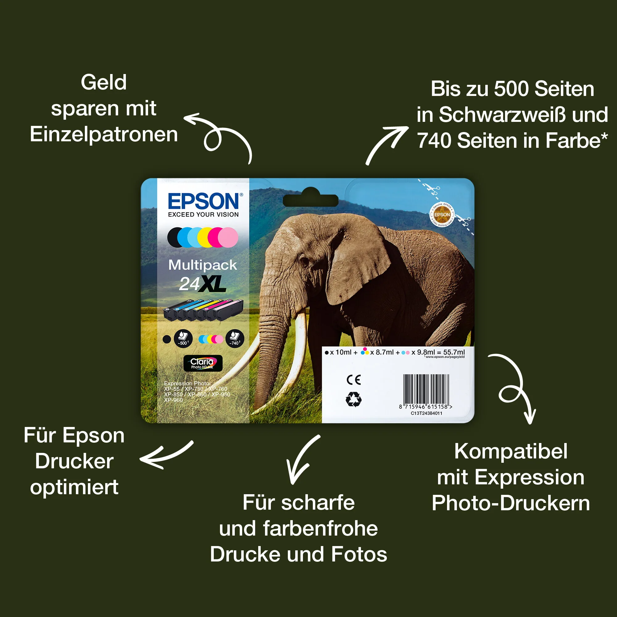 Epson Elephant 24XL Elefant Claria Photo HD Single Black Tinte – Bild 4
