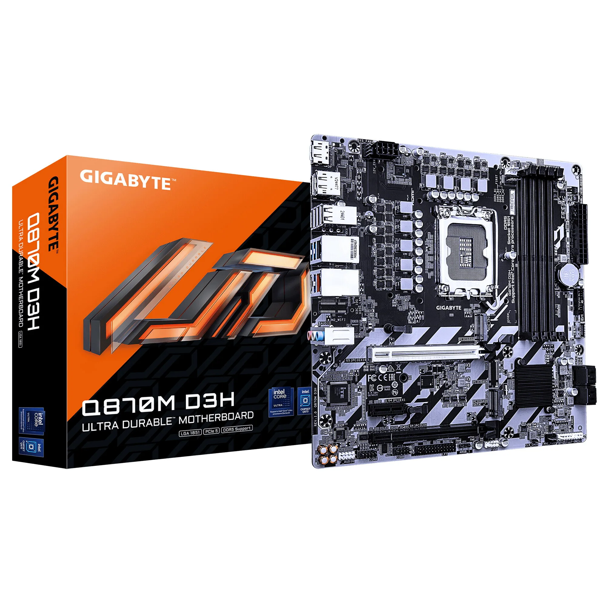 GIGABYTE Q870M D3H Mainboard – Intel Core Ultra (Serie 2) CPUs, 4+1+2-Phasen-VRM, bis zu 6400 MHz DDR5 (O.C), 2× PCIe-4.0-M.2, 2.5-GbE-LAN, USB 3.2 Gen 2 – Bild 1