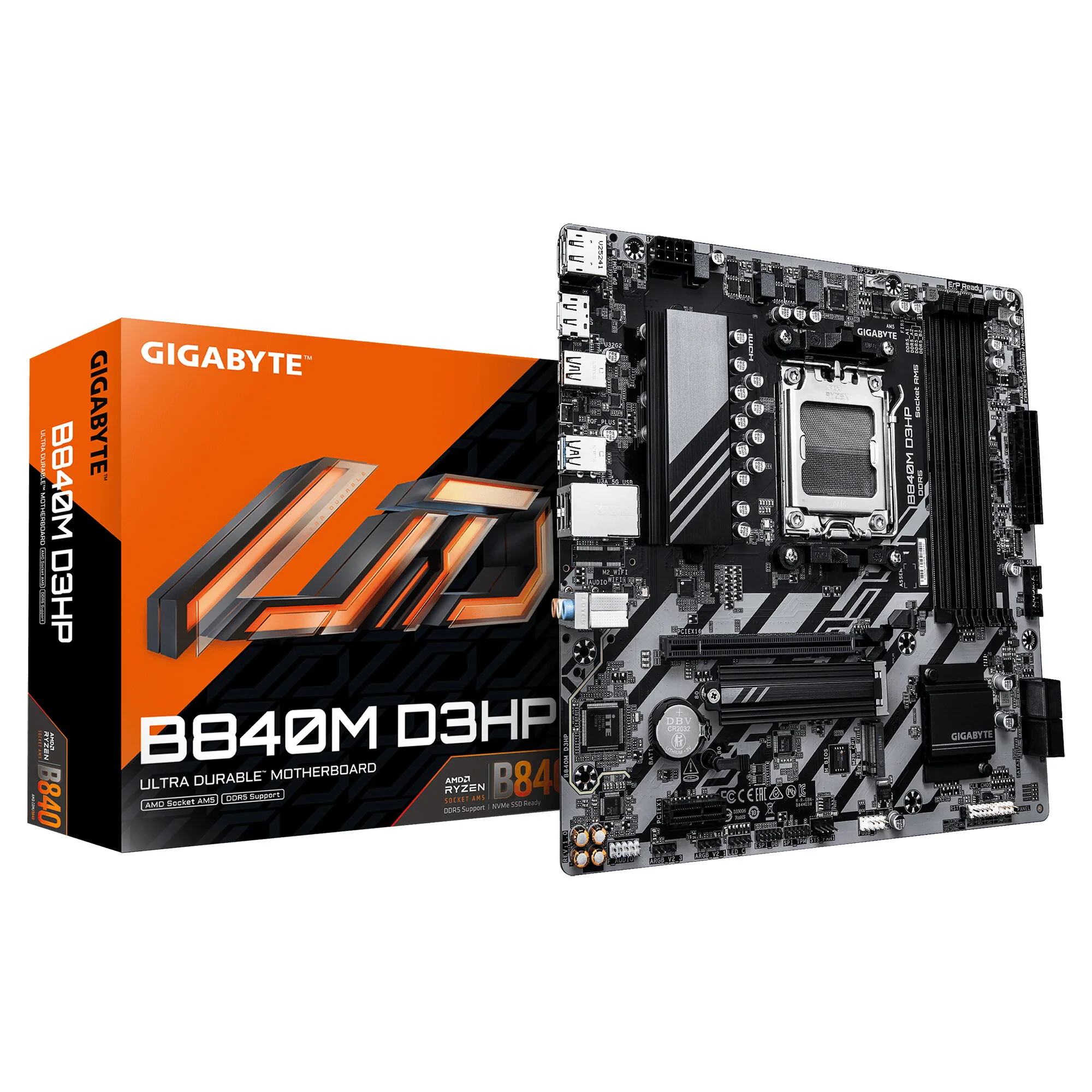GIGABYTE B840M D3HP Mainboard – AMD Ryzen 9000 CPUs, 8+2+2-Phasen-VRM, bis zu 8200 MHz DDR5 (O.C.), 2× PCIe-4.0-M.2, 1-GbE-LAN, USB 3.2 Gen 2 – Bild 1