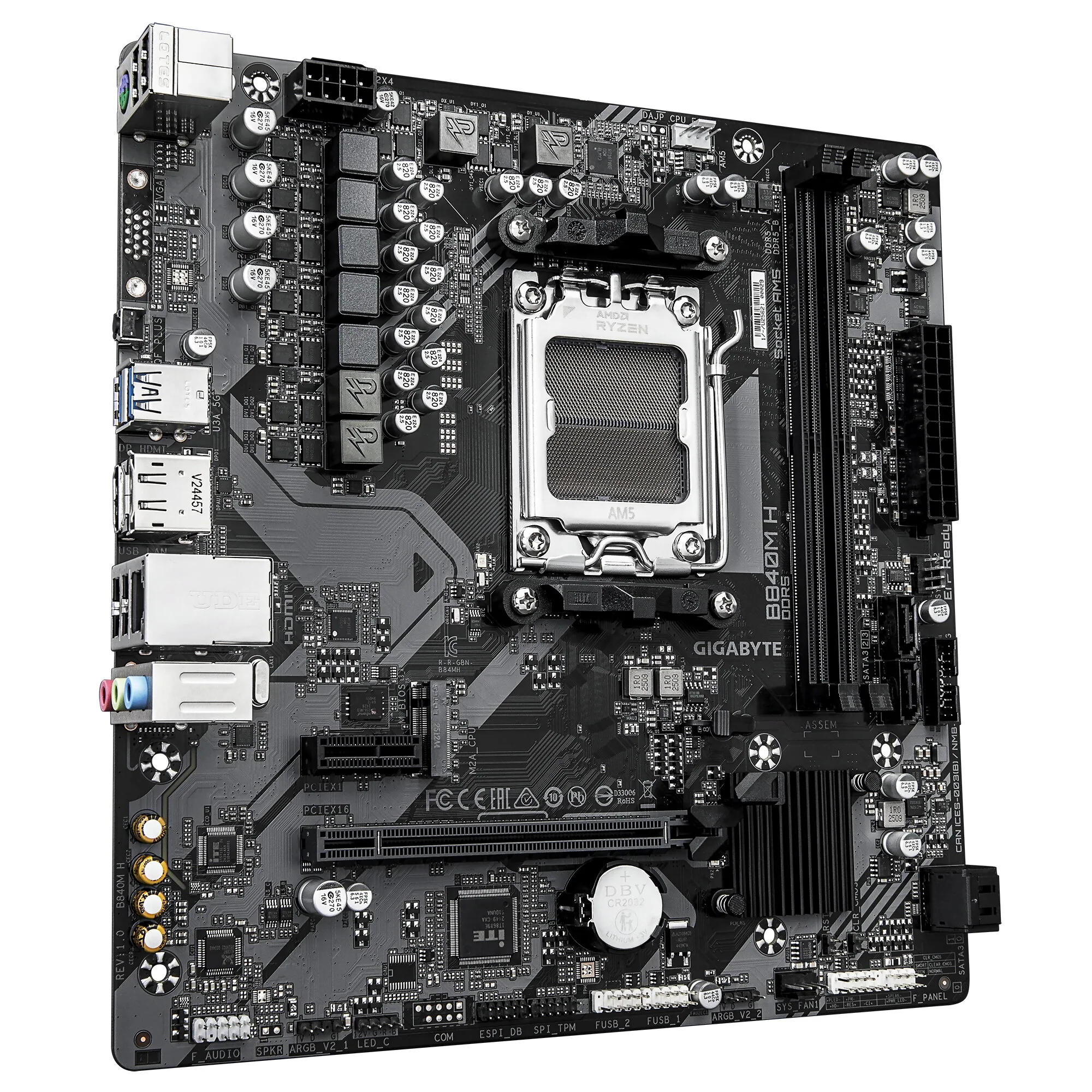 GIGABYTE B840M H Mainboard - AMD Ryzen 9000 CPUs, 5+2+2 Phasen VRM, bis zu 7200MHz DDR5 (O.C), 1xPCIe 4.0 M.2, 1GbE LAN, USB 3.2 Gen 1 – Bild 3
