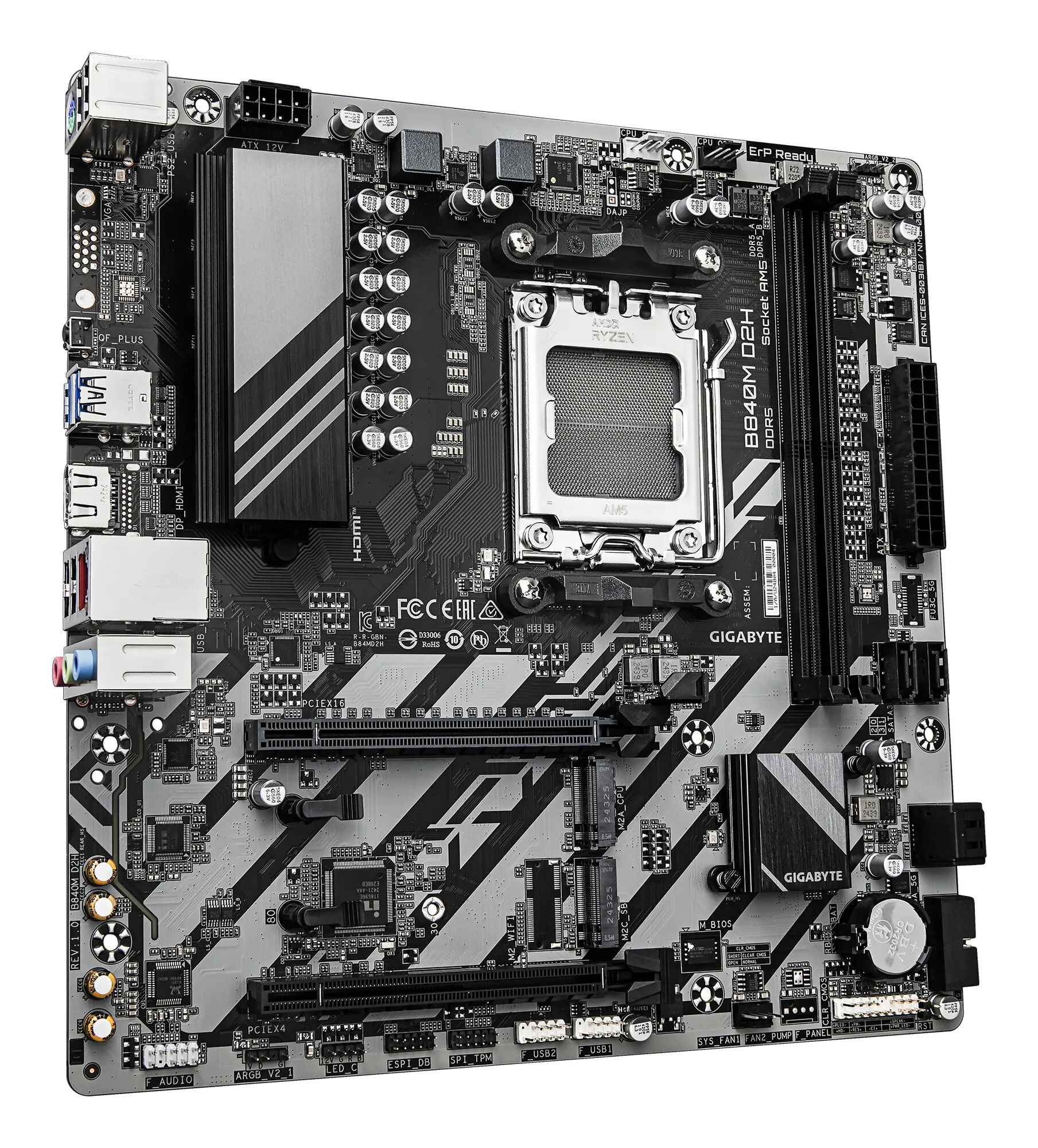GIGABYTE B840M D2H Mainboard – AMD Ryzen 9000 CPUs, 5+2+2 Phasen VRM, bis zu 7600 MHz DDR5, 1xPCIe 4.0 + 1xPCIe 3.0 M.2, 2.5GbE LAN, USB 3.2 Gen 1 – Bild 3