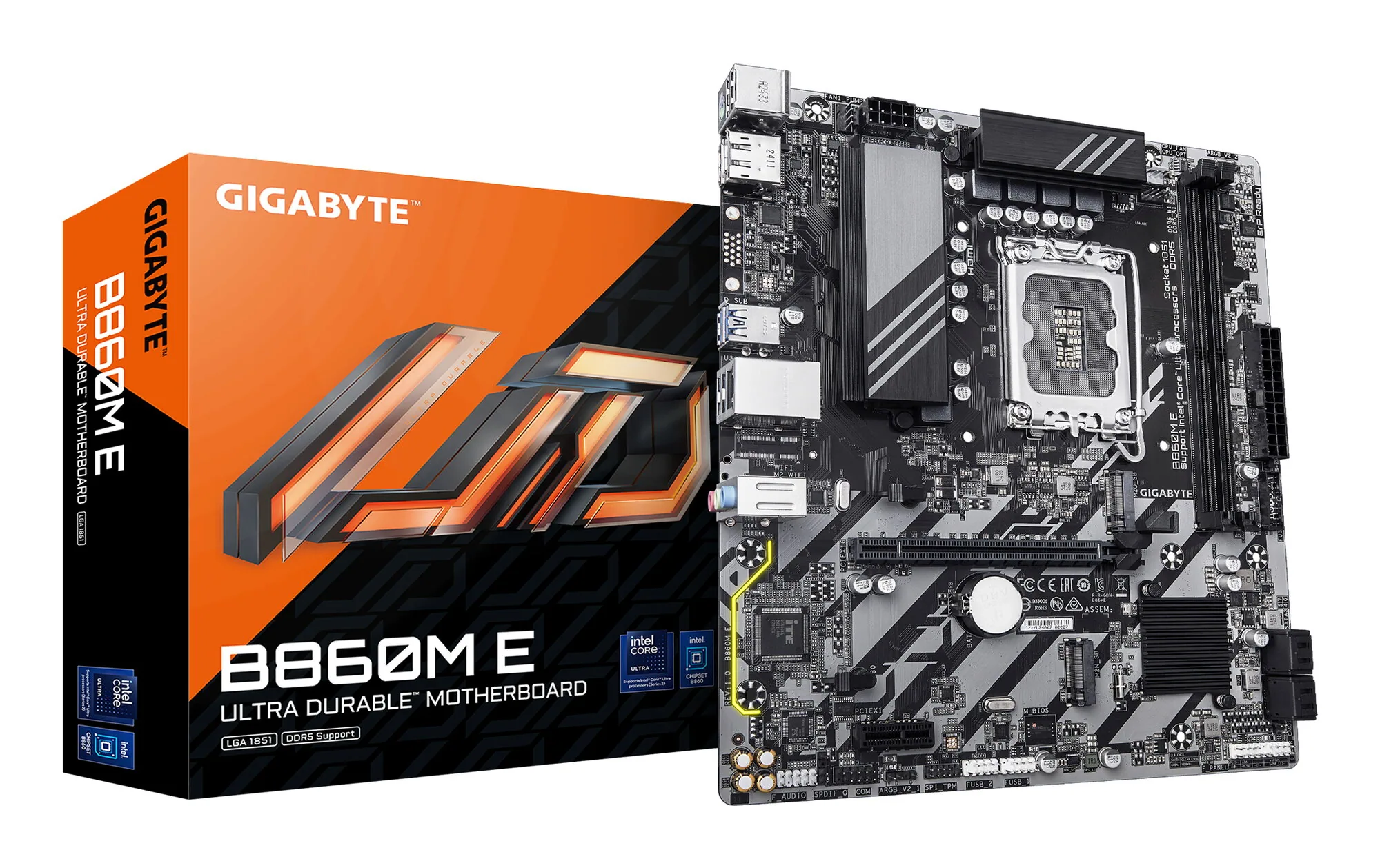 GIGABYTE B860M E Mainboard - Intel Core Ultra Series CPUs, 4+1+2 Phasen VRM, bis zu 8800MHz DDR5 (O.C), 2xPCIe 4.0 M.2, 1GbE LAN, USB 3.2 Gen 1 – Bild 1