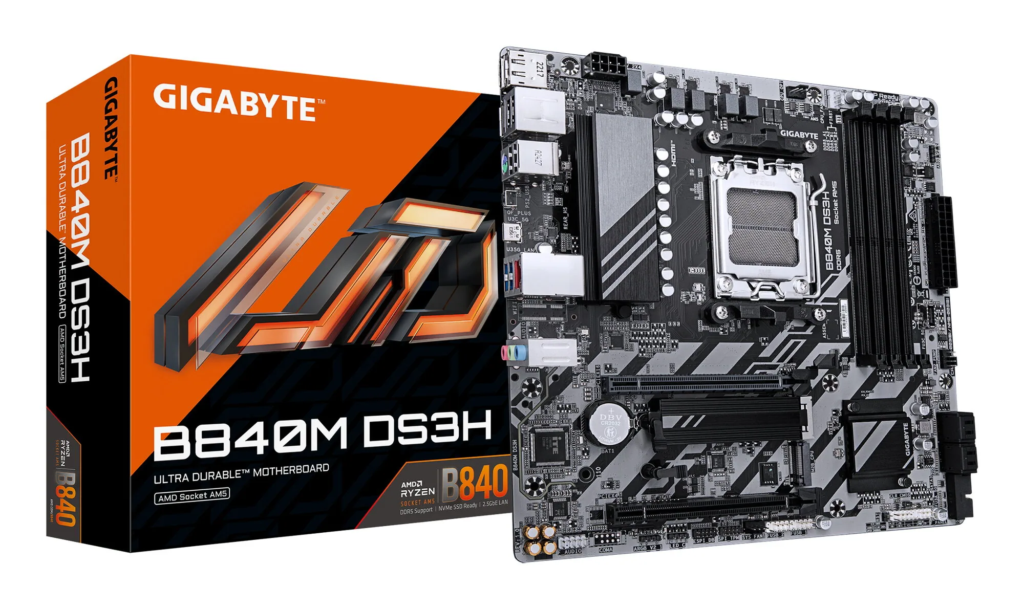 GIGABYTE B840M DS3H Mainboard – AMD Ryzen 9000 CPUs, 8+2+2 Phasen VRM, bis zu 8200 MHz DDR5, 2xPCIe 4.0 M.2, 2.5GbE LAN, USB 3.2 Gen 1 – Bild 1