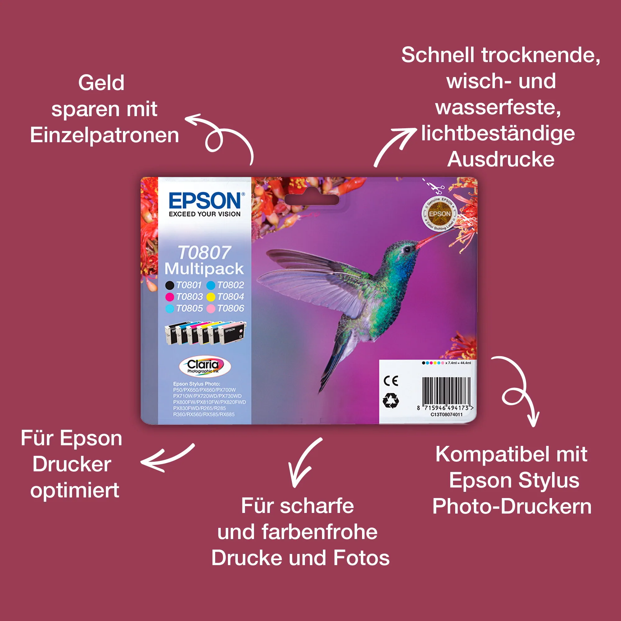 Epson Hummingbird Multipack 6 Farben T0807 Claria Photographic Ink – Bild 2