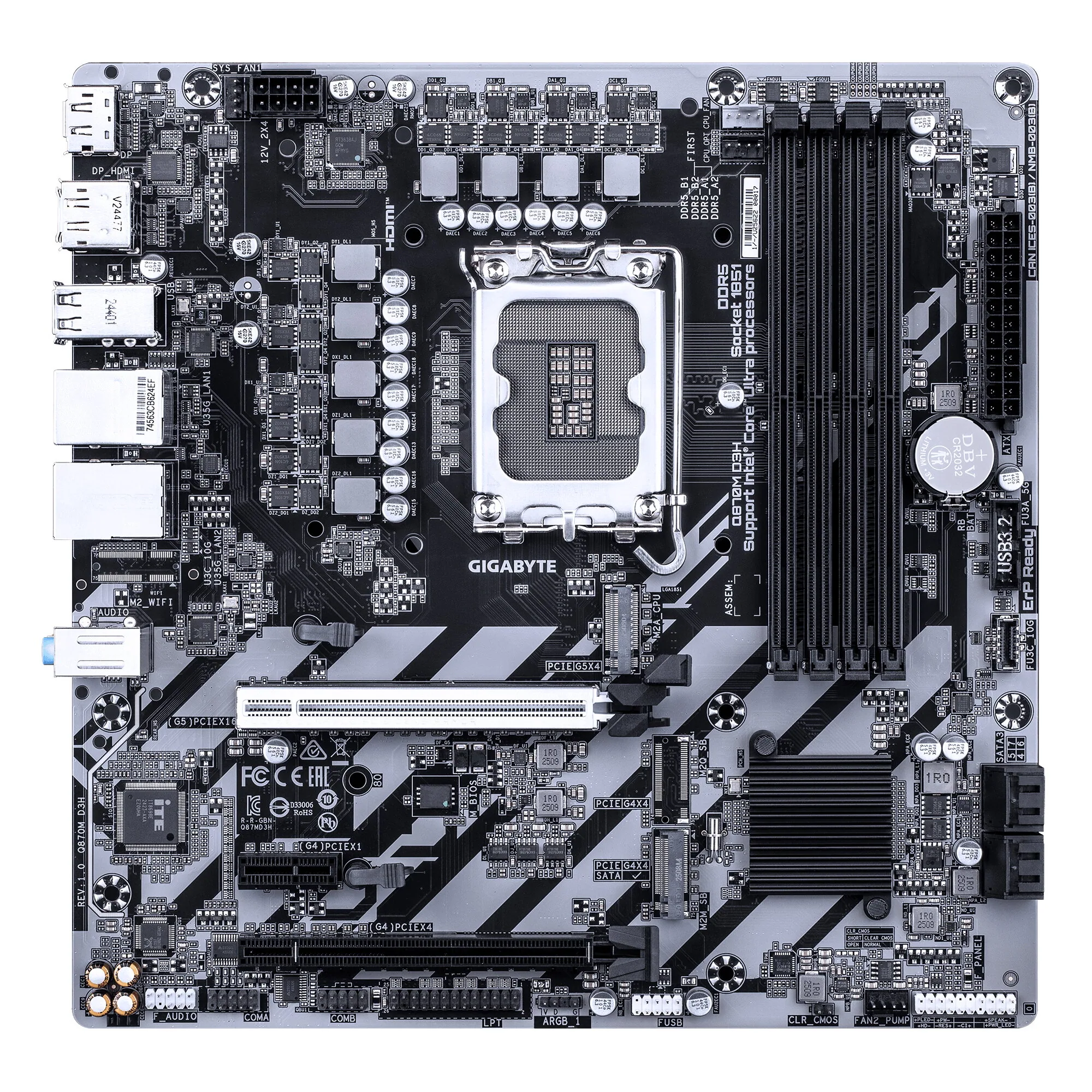 GIGABYTE Q870M D3H Mainboard – Intel Core Ultra (Serie 2) CPUs, 4+1+2-Phasen-VRM, bis zu 6400 MHz DDR5 (O.C), 2× PCIe-4.0-M.2, 2.5-GbE-LAN, USB 3.2 Gen 2 – Bild 2