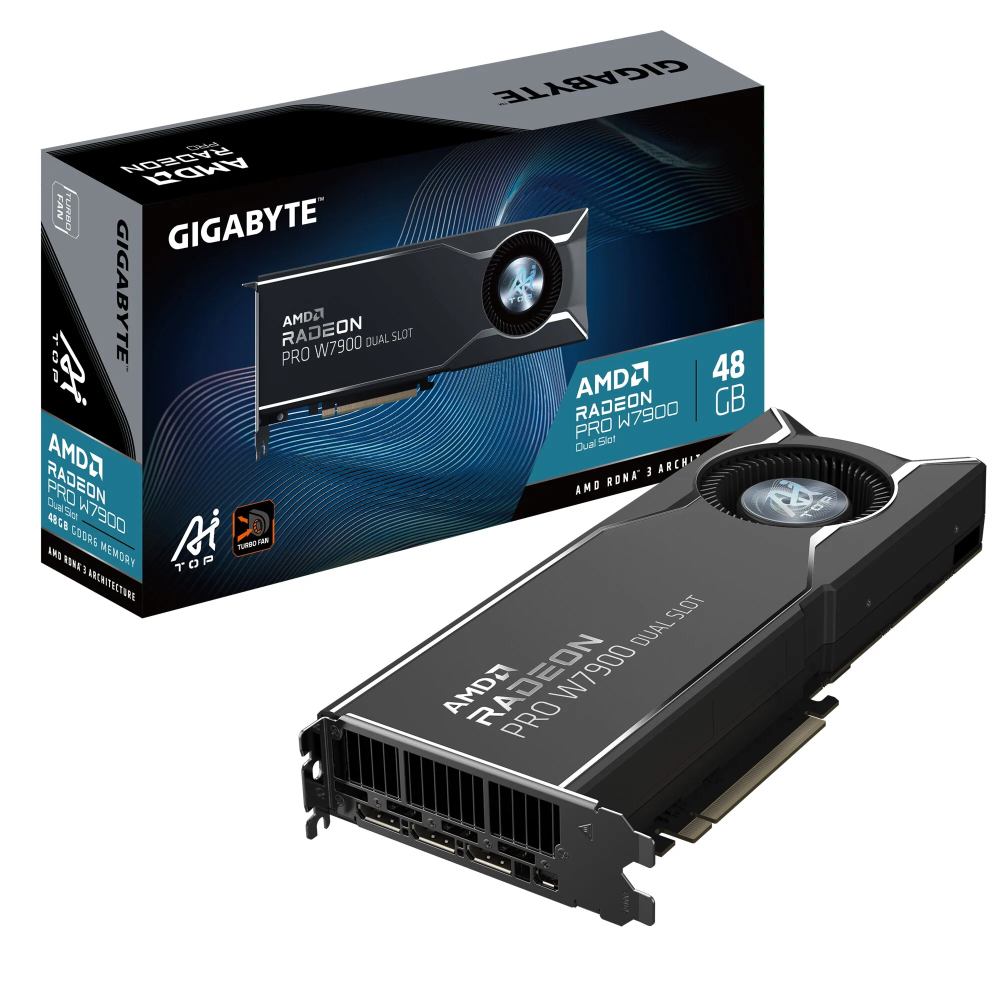 GIGABYTE Radeon PRO W7900 Dual Slot AI TOP 48G Grafikkarte - 48GB GDDR6, 384bit, PCI-E 4.0, 3 x DisplayPort 2.1, W7900 AI TOP 48G – Bild 1