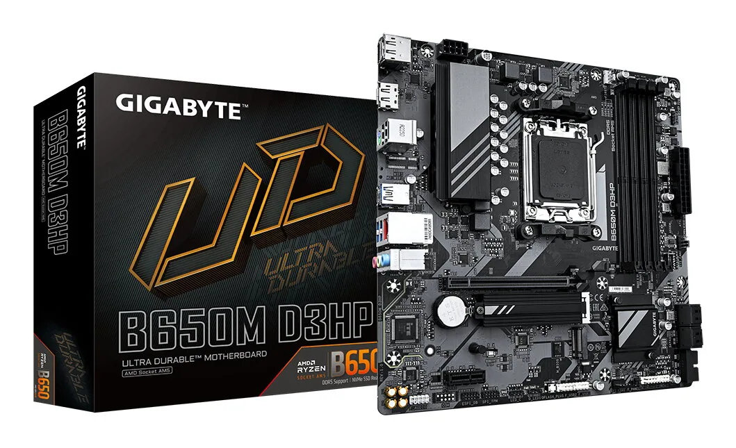 GIGABYTE B650M D3HP Mainboard - AMD Ryzen 9000er-Serie, 5+2+2 Phasen VRM, bis zu 7600 MHz DDR5 (OC), 2xPCIe 4.0 M.2, 2,5 GbE LAN, USB 3.2 Gen 1 – Bild 1