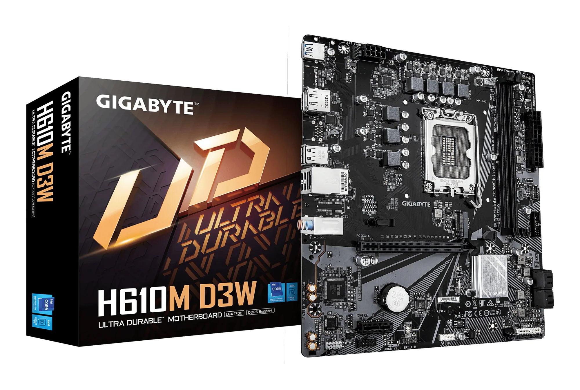 GIGABYTE H610M D3W Mainboard - Unterstützt Intel Core Prozessoren der 14. Generation, 5+1+1 Phasen VRM, bis zu 5600MHz DDR5, 1xPCIe 3.0 M.2, 1GbE LAN, USB 3.2 Gen 1 – Bild 1