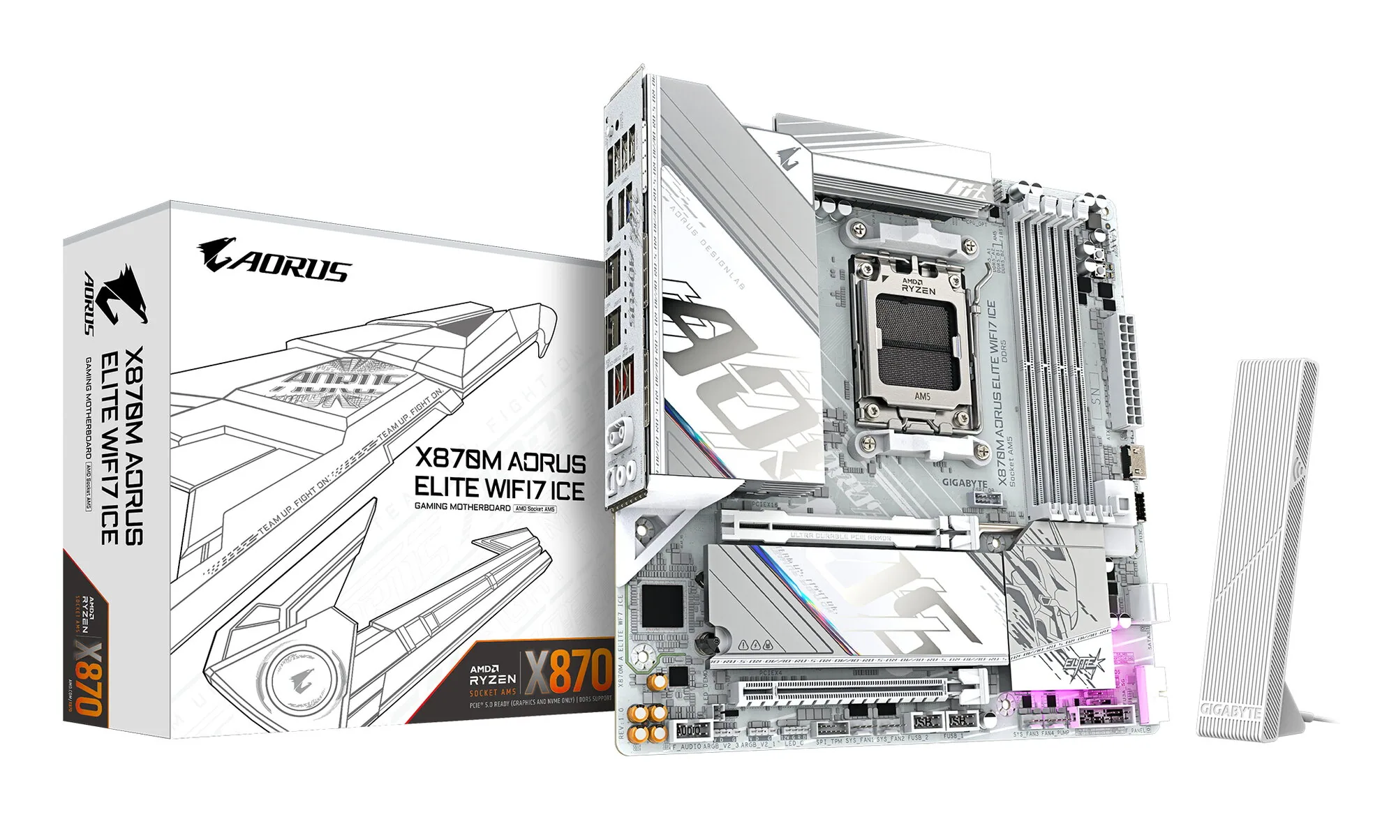GIGABYTE X870M AORUS ELITE WIFI7 ICE Mainboard – Unterstützt AMD Ryzen 9000 CPUs, digitales 14+2+2-Phasen-VRM, bis zu 8200 Hz DDR5 (O.C), 1× PCIe 5.0 + 1× PCIe 4.0, Wi-Fi 7, 2.5-GbE-LAN, USB 4 – Bild 1