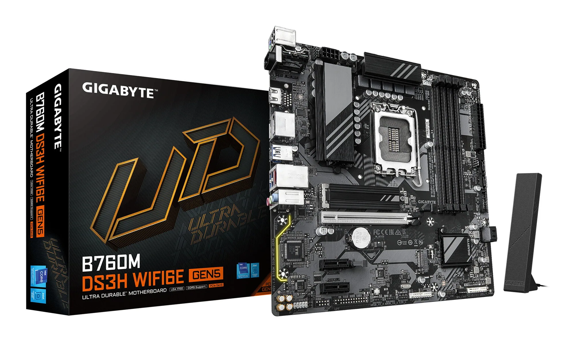 GIGABYTE B760M DS3H WIFI6E GEN5 Mainboard – Unterstützt Intel Core Prozessoren der 14. Generation, 6+2+1 Phasen Digital-VRM, bis zu 5600 MHz DDR5, 2 x PCIe 4.0 M.2, Wi-Fi 6E, 2.5 GbE LAN, USB 3.2 Gen2 – Bild 1