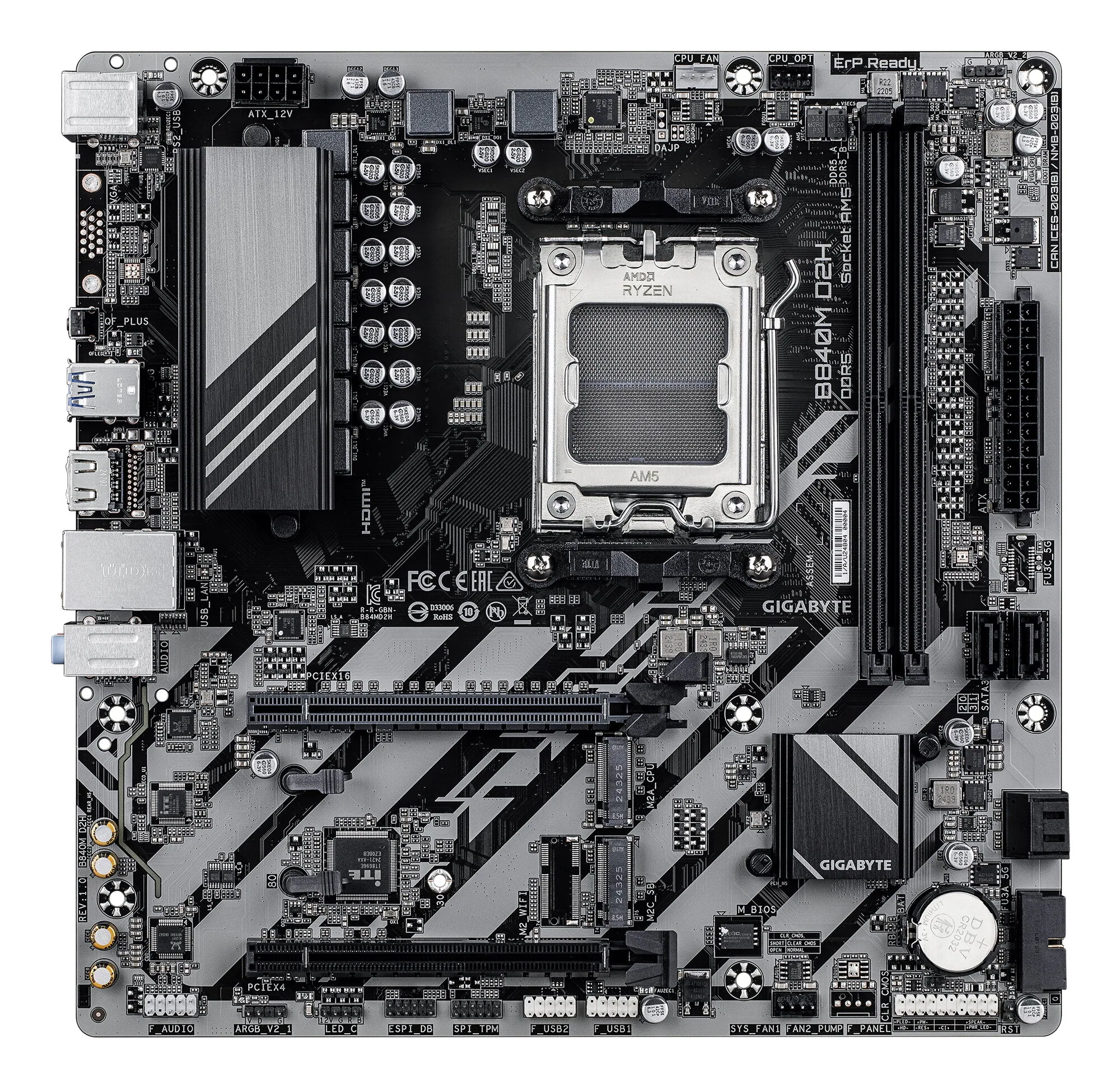 GIGABYTE B840M D2H Mainboard – AMD Ryzen 9000 CPUs, 5+2+2 Phasen VRM, bis zu 7600 MHz DDR5, 1xPCIe 4.0 + 1xPCIe 3.0 M.2, 2.5GbE LAN, USB 3.2 Gen 1 – Bild 2