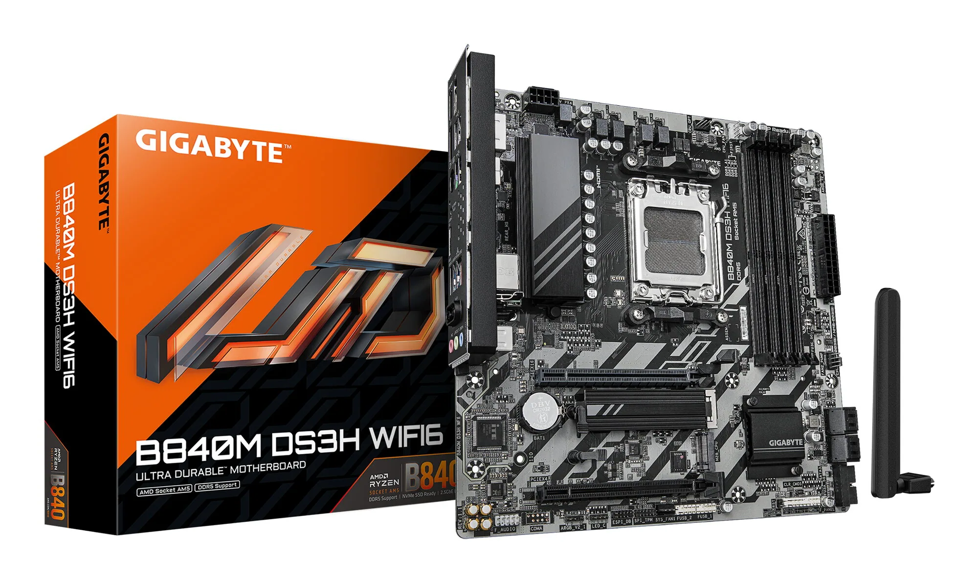 GIGABYTE B840M DS3H WIFI6 Mainboard – AMD Ryzen 9000 Prozessoren, 8+2+2 Phasen VRM, bis zu 8200 MHz DDR5, 2 x PCIe 4.0 M.2, Wi-Fi 6, 2,5 GbE LAN, USB 3.2 Gen 1 – Bild 1