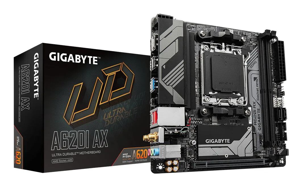 GIGABYTE A620I AX Motherboard - Unterstützt AMD Ryzen 8000 CPUs, 5+2+1 Phasen Digital VRM, bis zu 6400MHz DDR5 (OC), 1xPCIe 4.0 M.2, Wi-Fi 6E, 2.5GbE LAN, USB 3.2 Gen 2 – Bild 1
