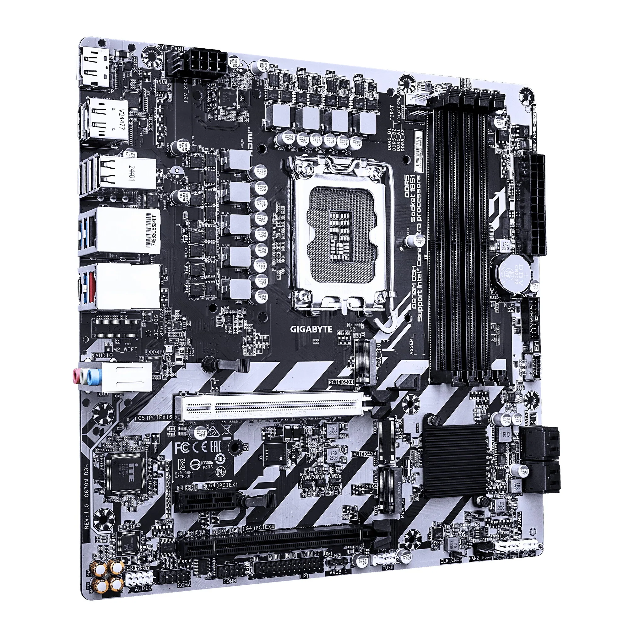 GIGABYTE Q870M D3H Mainboard – Intel Core Ultra (Serie 2) CPUs, 4+1+2-Phasen-VRM, bis zu 6400 MHz DDR5 (O.C), 2× PCIe-4.0-M.2, 2.5-GbE-LAN, USB 3.2 Gen 2 – Bild 3