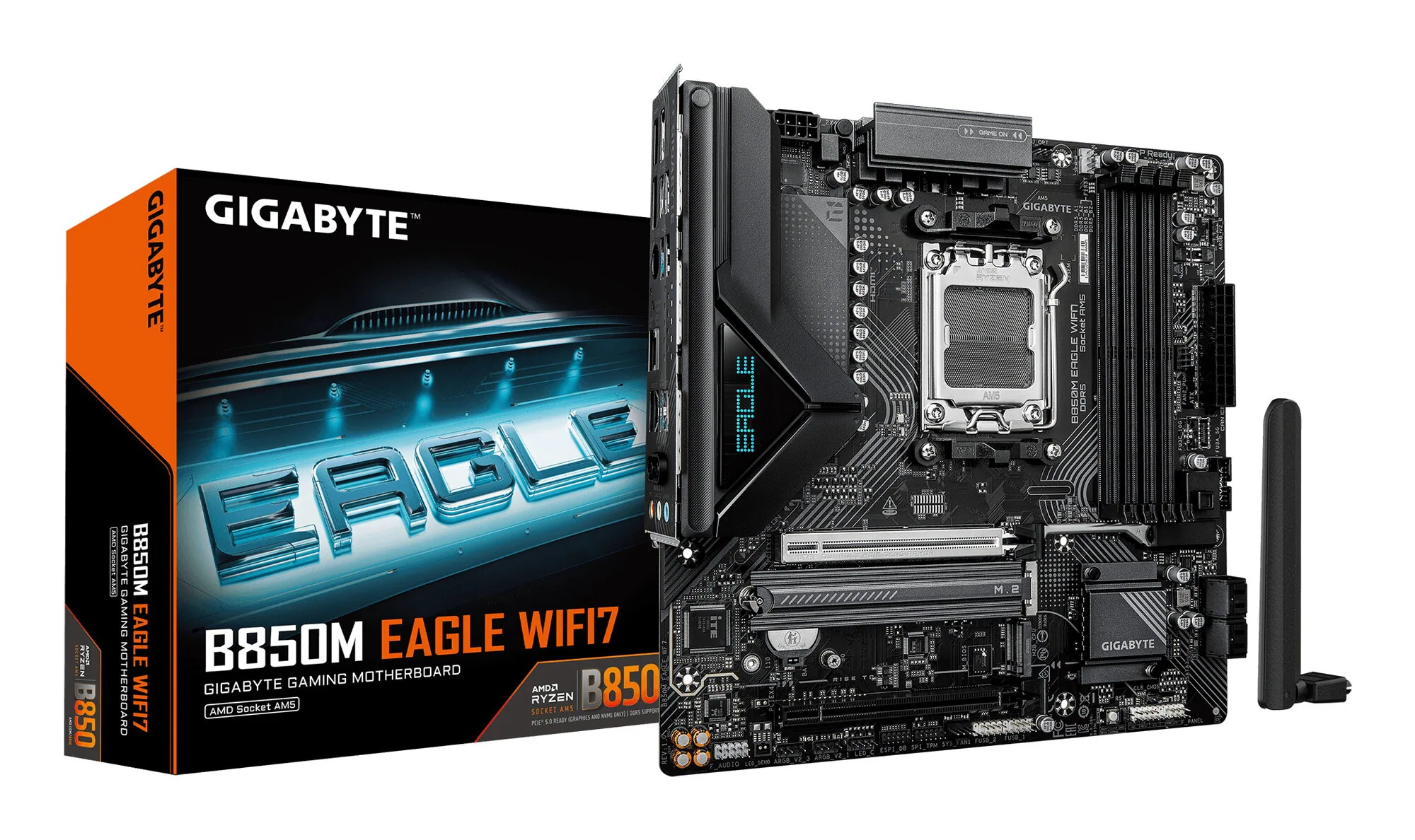 GIGABYTE B850M EAGLE WIFI7 Mainboard – AMD Ryzen 9000 Series CPUs, digitales 8+2+2-Phasen-VRM, bis zu 8200 MHz DDR5 (O.C.), 1× PCIe-5.0-M.2 + 1× PCIe-4.0-M.2, Wi-Fi 7, 2.5-GbE-LAN, USB 3.2 Gen 2 – Bild 1
