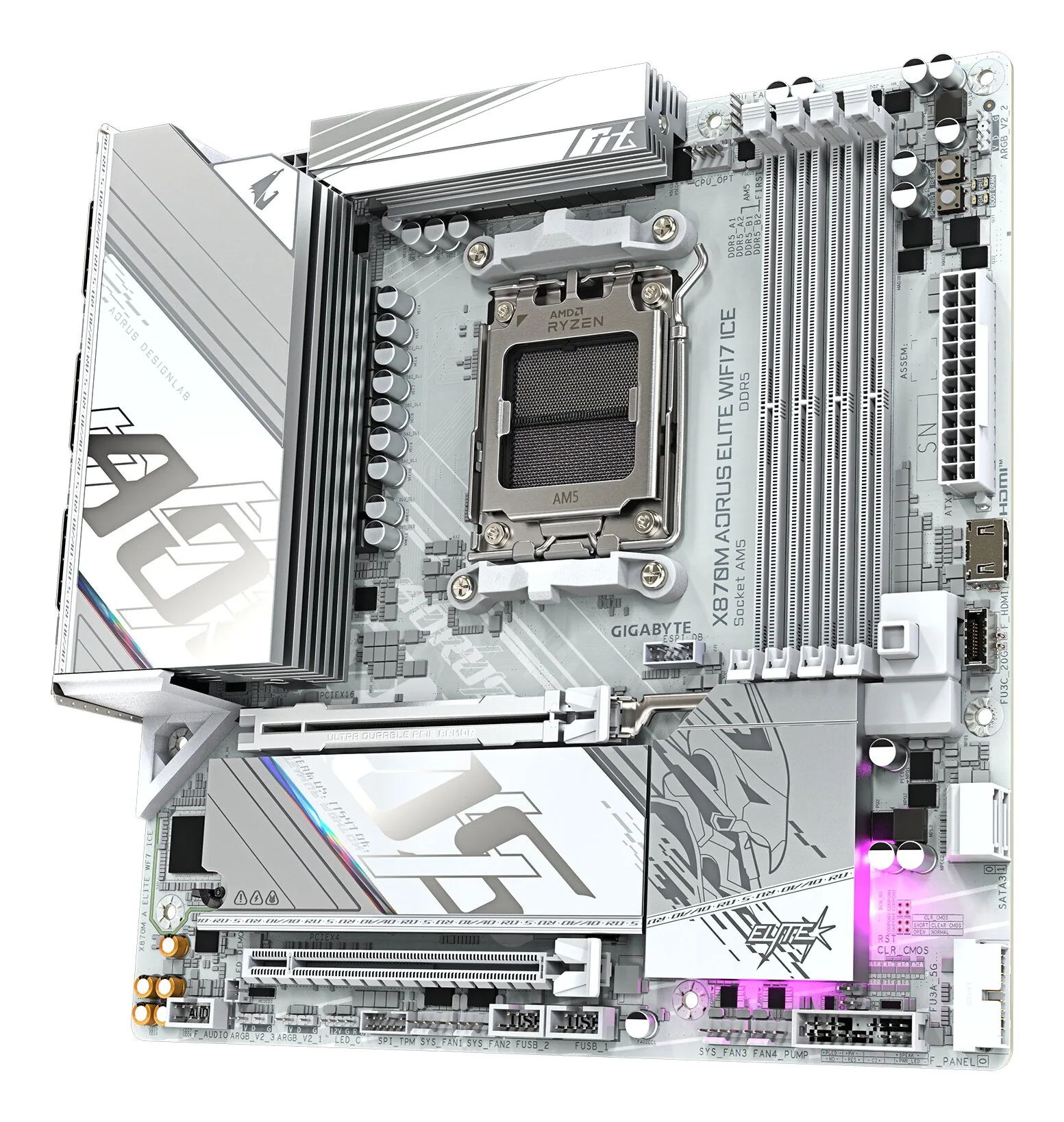 GIGABYTE X870M AORUS ELITE WIFI7 ICE Mainboard – Unterstützt AMD Ryzen 9000 CPUs, digitales 14+2+2-Phasen-VRM, bis zu 8200 Hz DDR5 (O.C), 1× PCIe 5.0 + 1× PCIe 4.0, Wi-Fi 7, 2.5-GbE-LAN, USB 4 – Bild 3