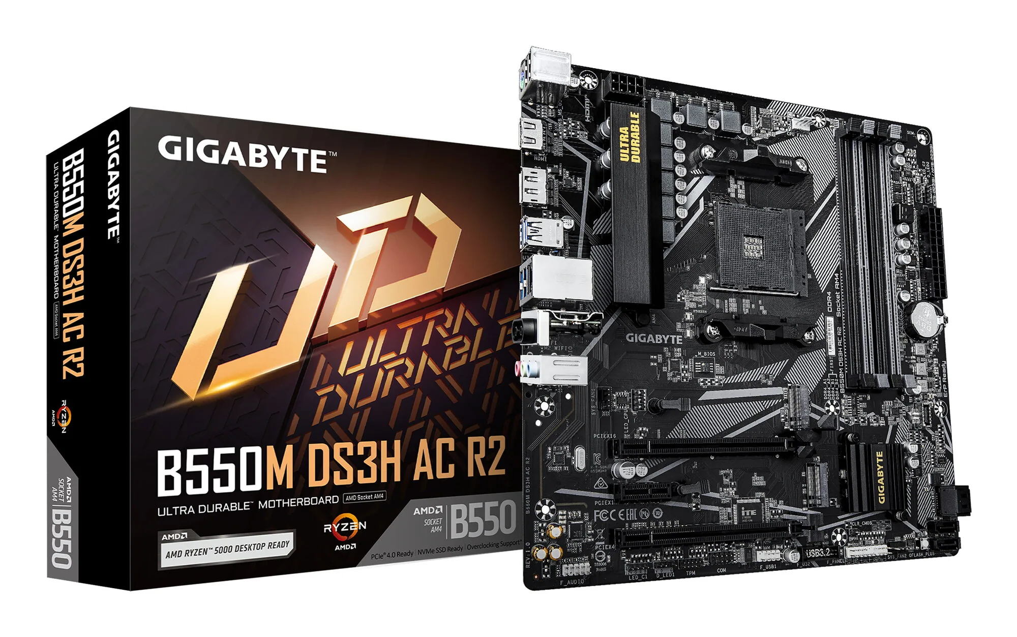 GIGABYTE B550M DS3H AC R2 Mainboard – AMD Ryzen 5000 Prozessoren, 5+3 Phasen VRM, bis zu 4733 MHz DDR4 (O.C.), 1x PCIe 4.0 + 1x PCIe 3.0 M.2, Wi-Fi 5, 1 GbE LAN, USB 3.2 Gen 1 – Bild 1